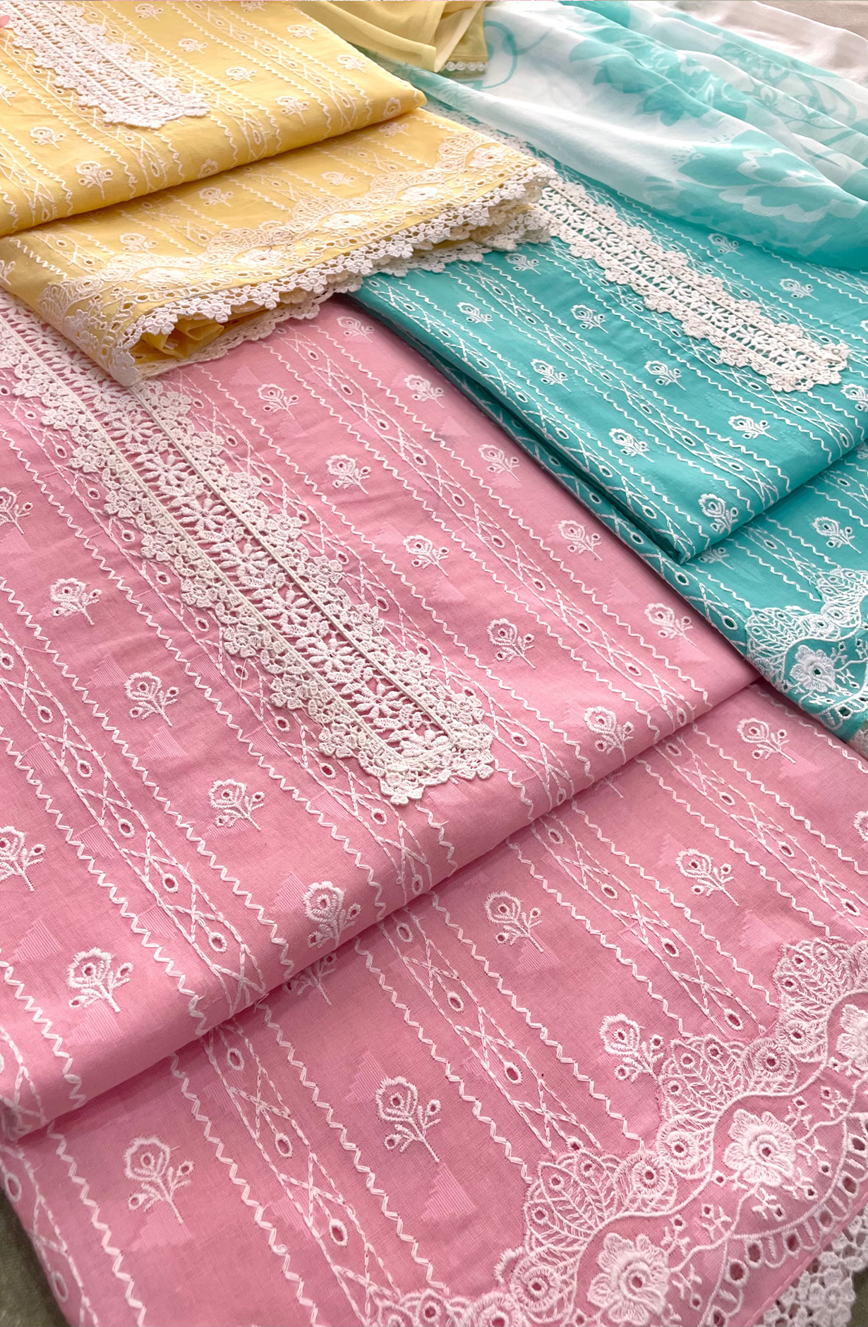 Sea Green Cotton Suit set with Embroidery and lace work and Chiffon Dupatta - TAG2501B