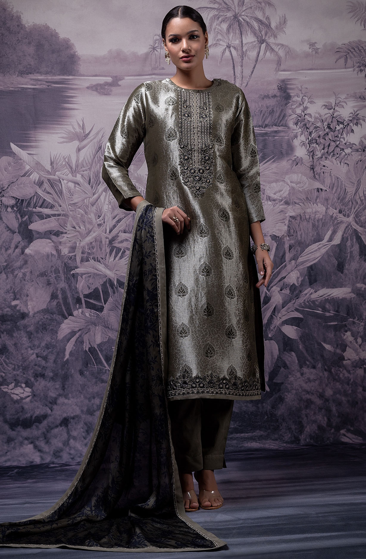Olive Green Luxe Silk Jacquard Salwar Kameez with Organza Dupatta - TAK2120B