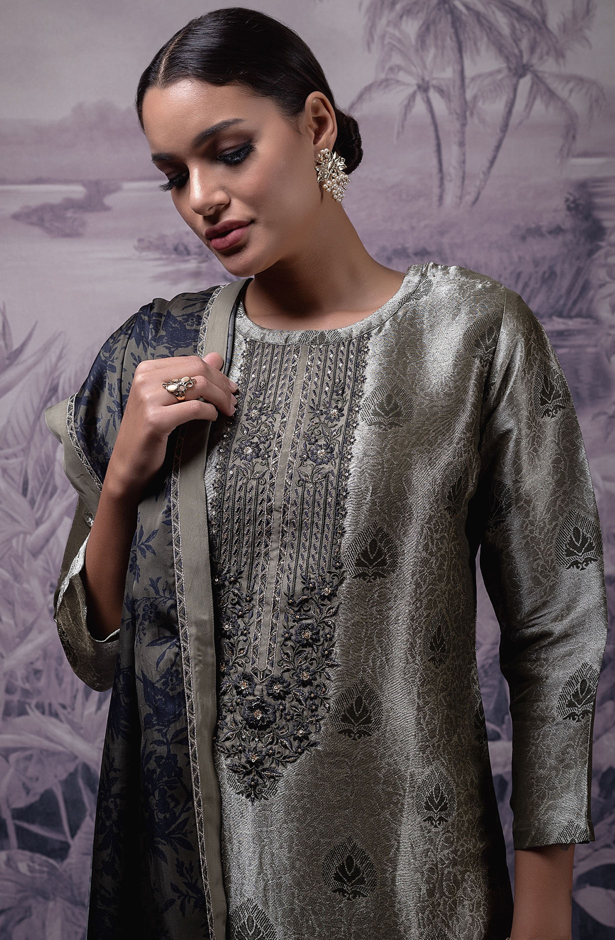 Olive Green Luxe Silk Jacquard Salwar Kameez with Organza Dupatta - TAK2120B