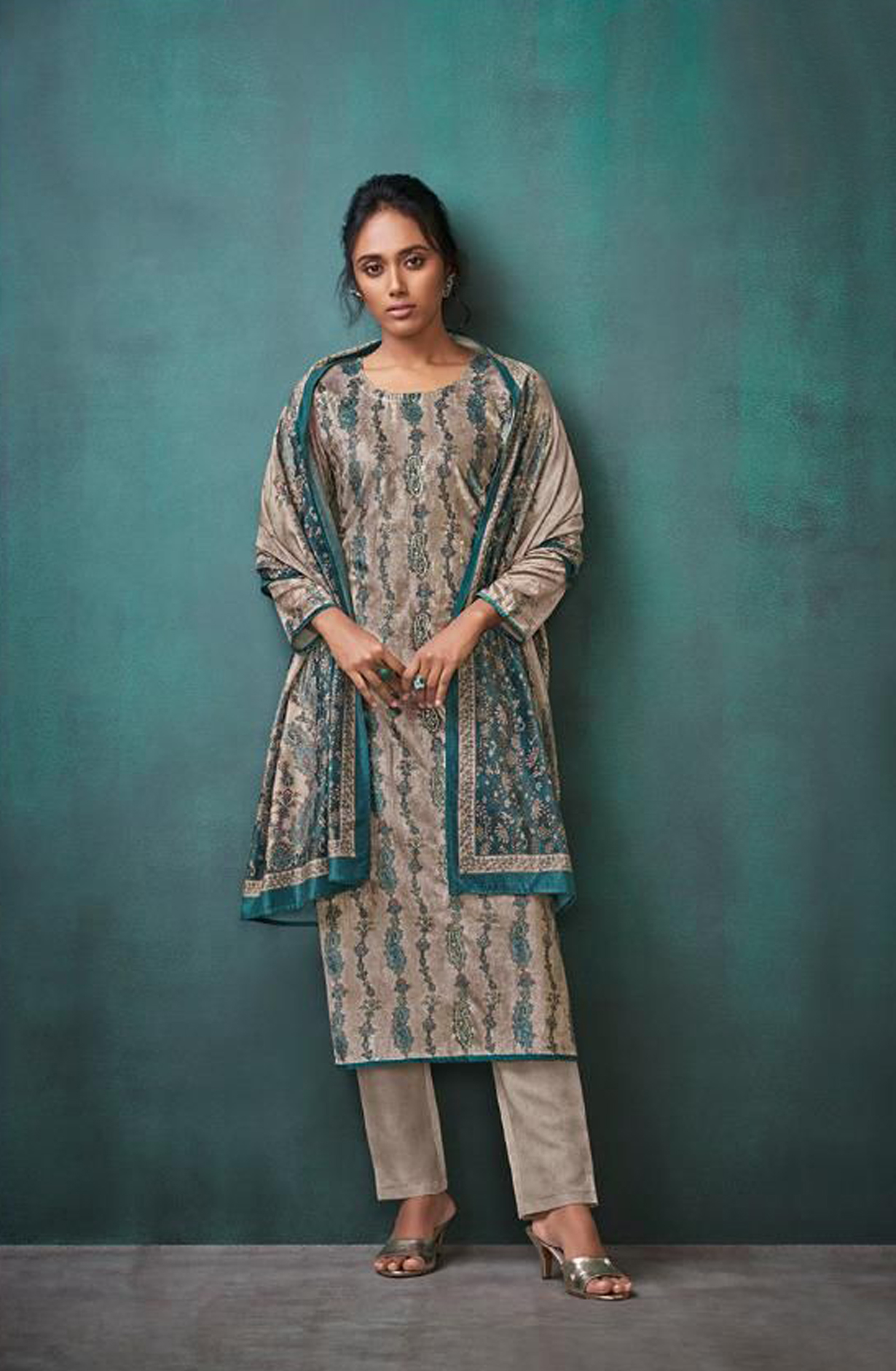 Beige Pure Velvet Unstitched Salwar Kameez - TAA1211C