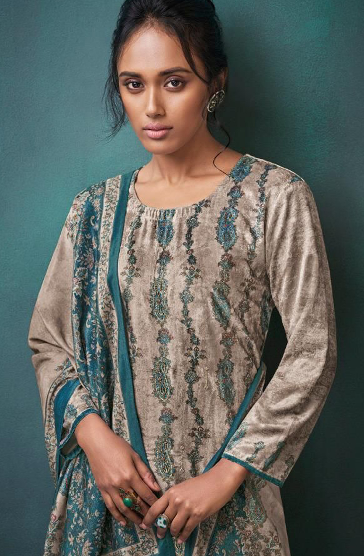 Beige Pure Velvet Unstitched Salwar Kameez - TAA1211C