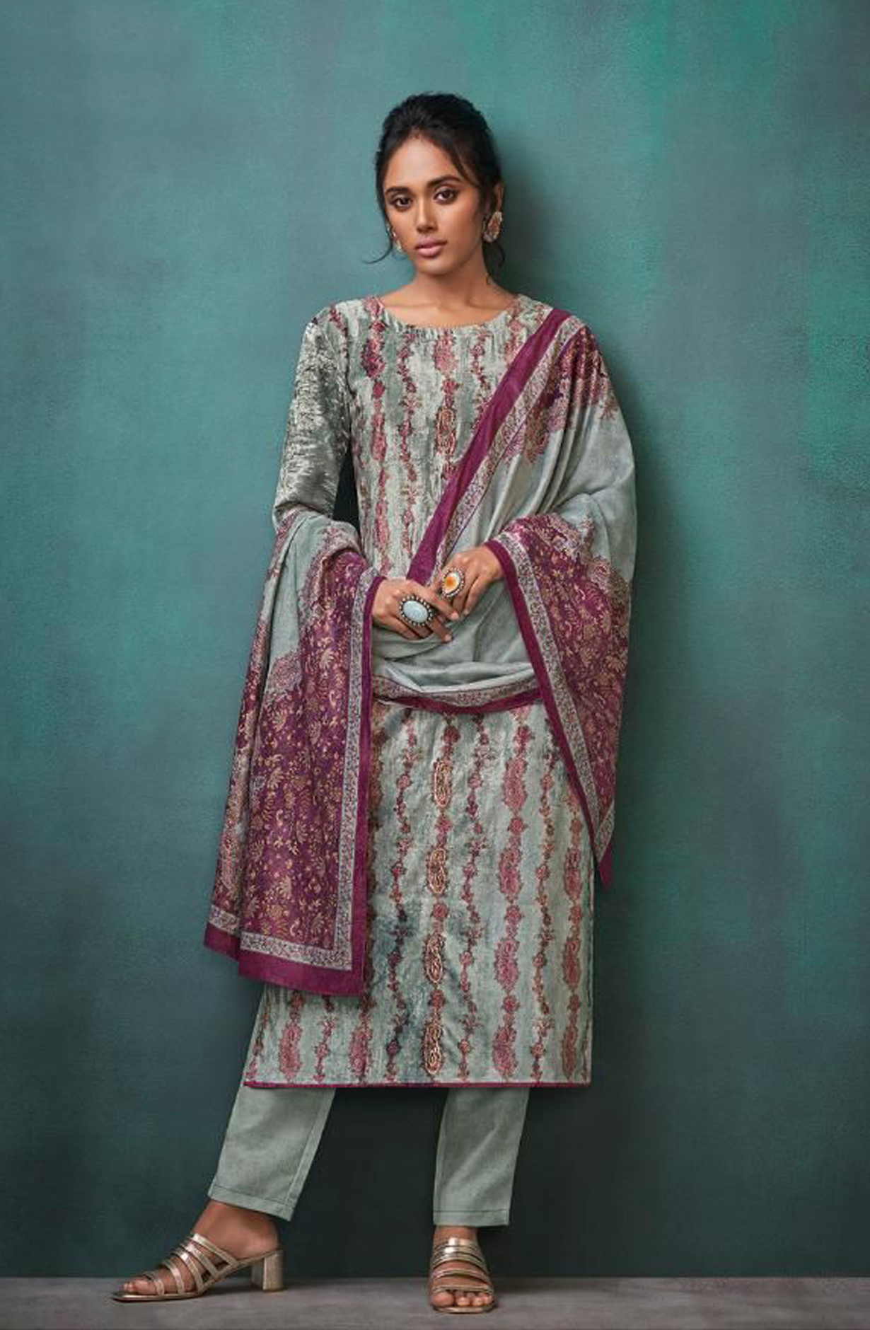 Grey Pure Velvet Unstitched Salwar Kameez - TAA1211D