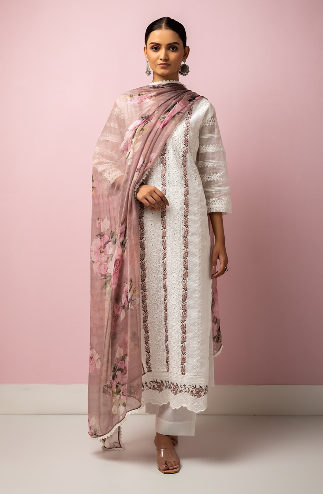 White Kota Beautiful Chikankari Embroidered Suit with Chiffon Dupatta - TAN1915A