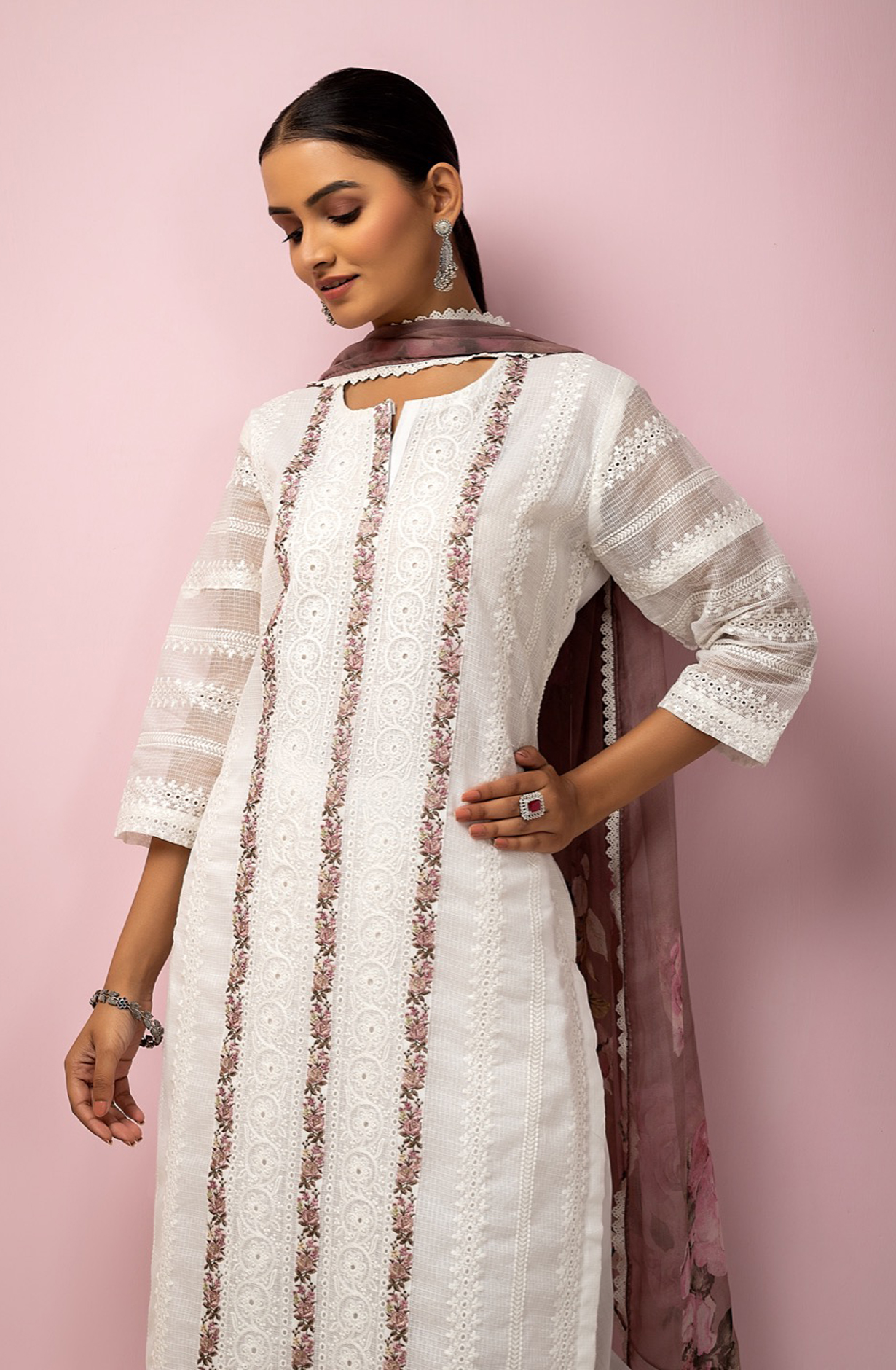 White Kota Beautiful Chikankari Embroidered Suit with Chiffon Dupatta - TAN1915A