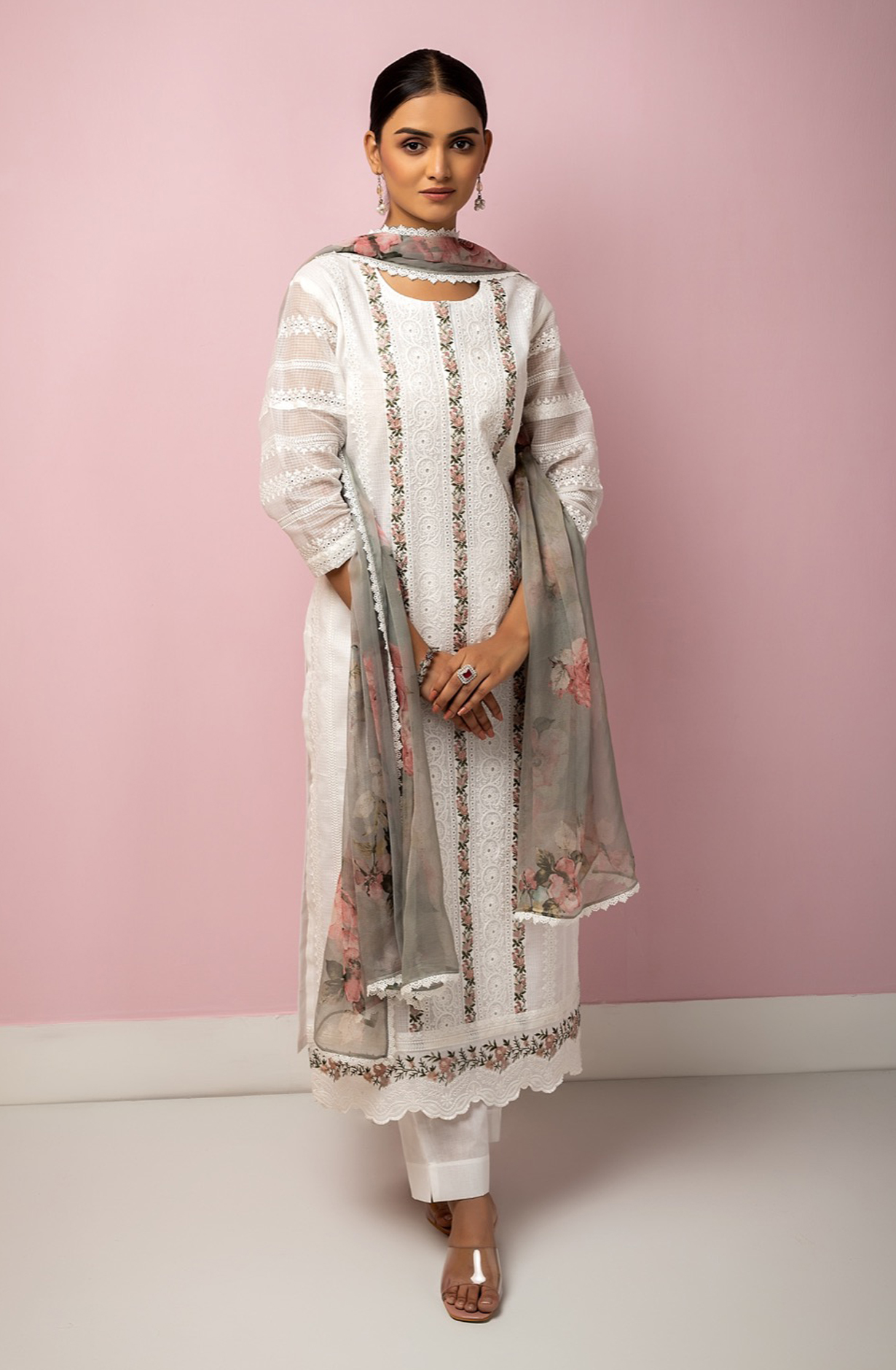White Kota Beautiful Chikankari Embroidered Suit with Chiffon Dupatta - TAN1915D