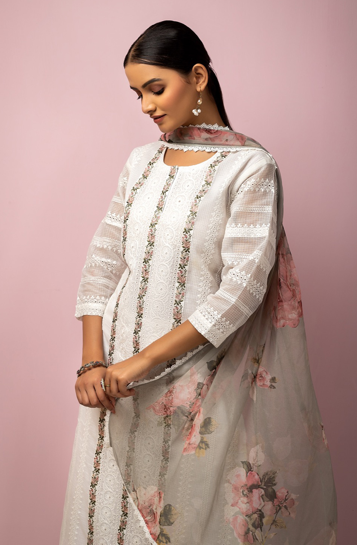 White Kota Beautiful Chikankari Embroidered Suit with Chiffon Dupatta - TAN1915D