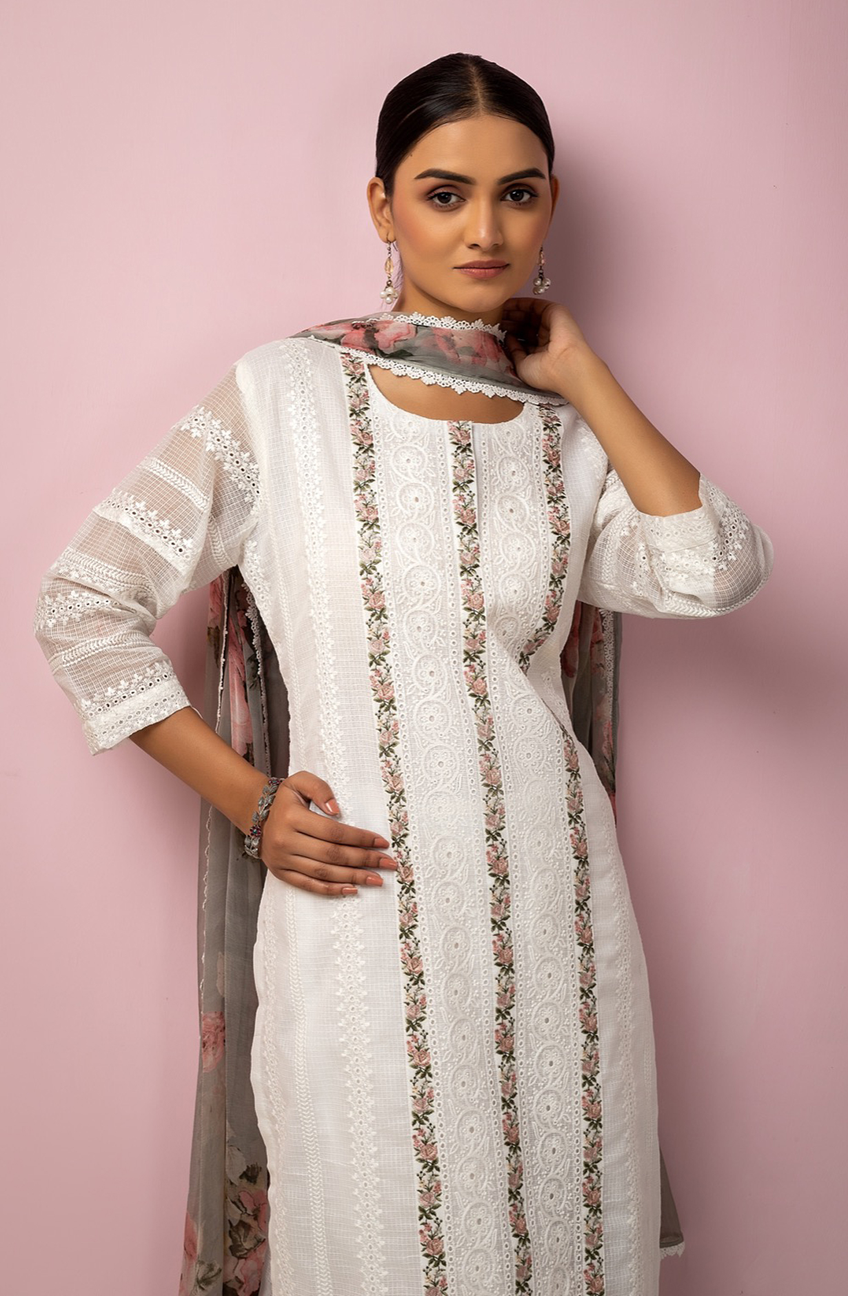 White Kota Beautiful Chikankari Embroidered Suit with Chiffon Dupatta - TAN1915D