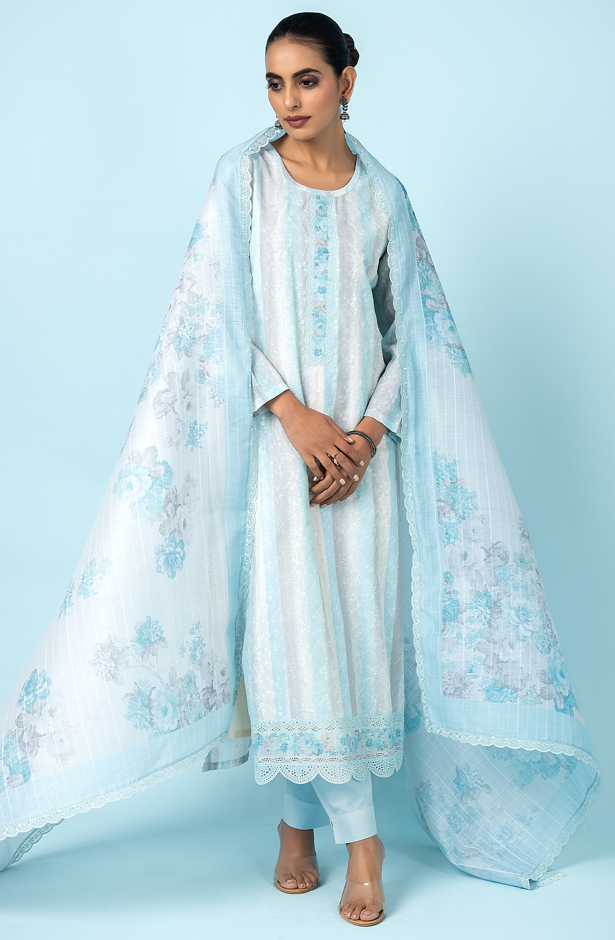 Sky Blue Beautiful Muslin Embroidered Salwar Kameez with Digital Print - TAN2193C