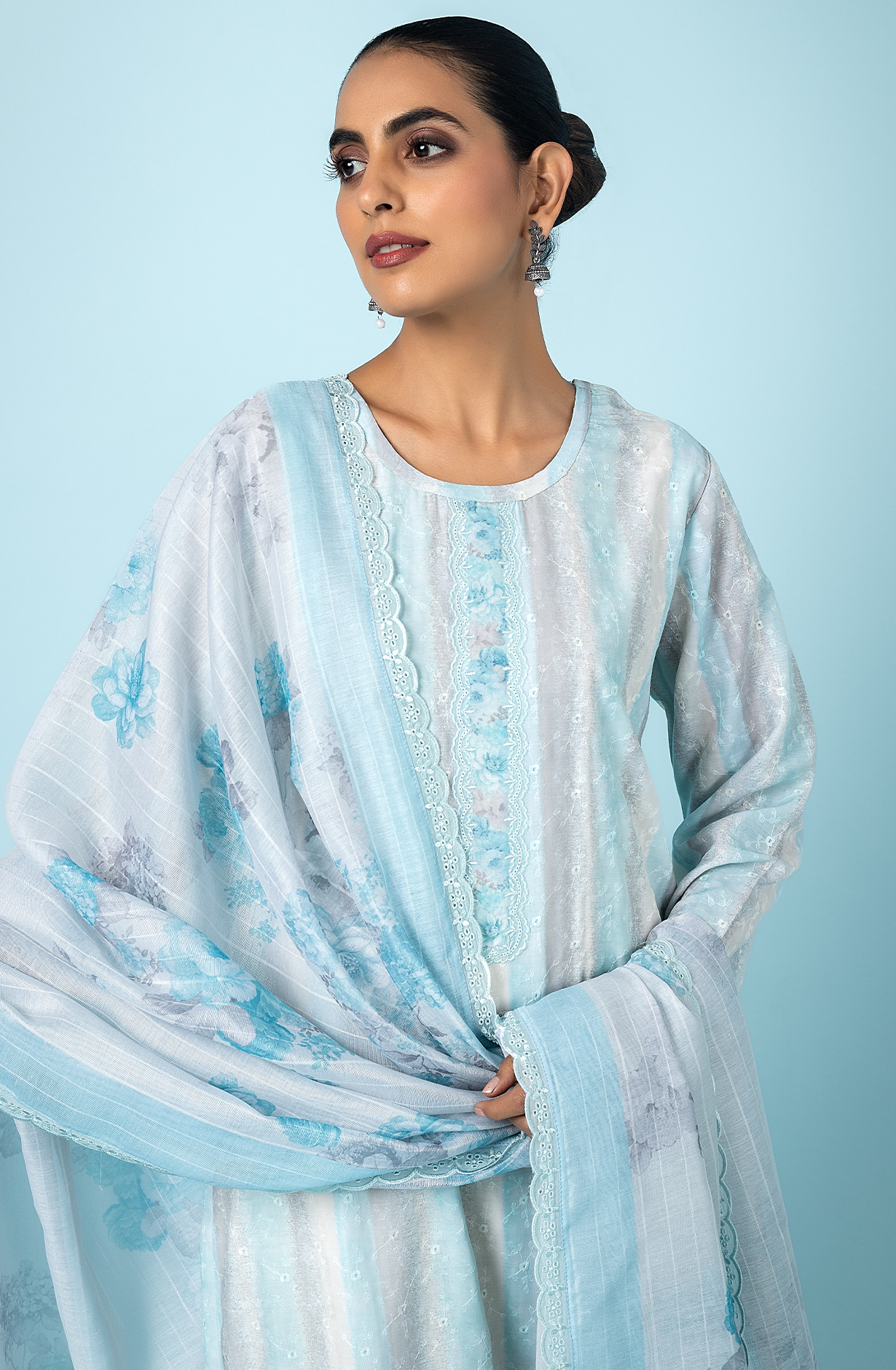 Sky Blue Beautiful Muslin Embroidered Salwar Kameez with Digital Print - TAN2193C