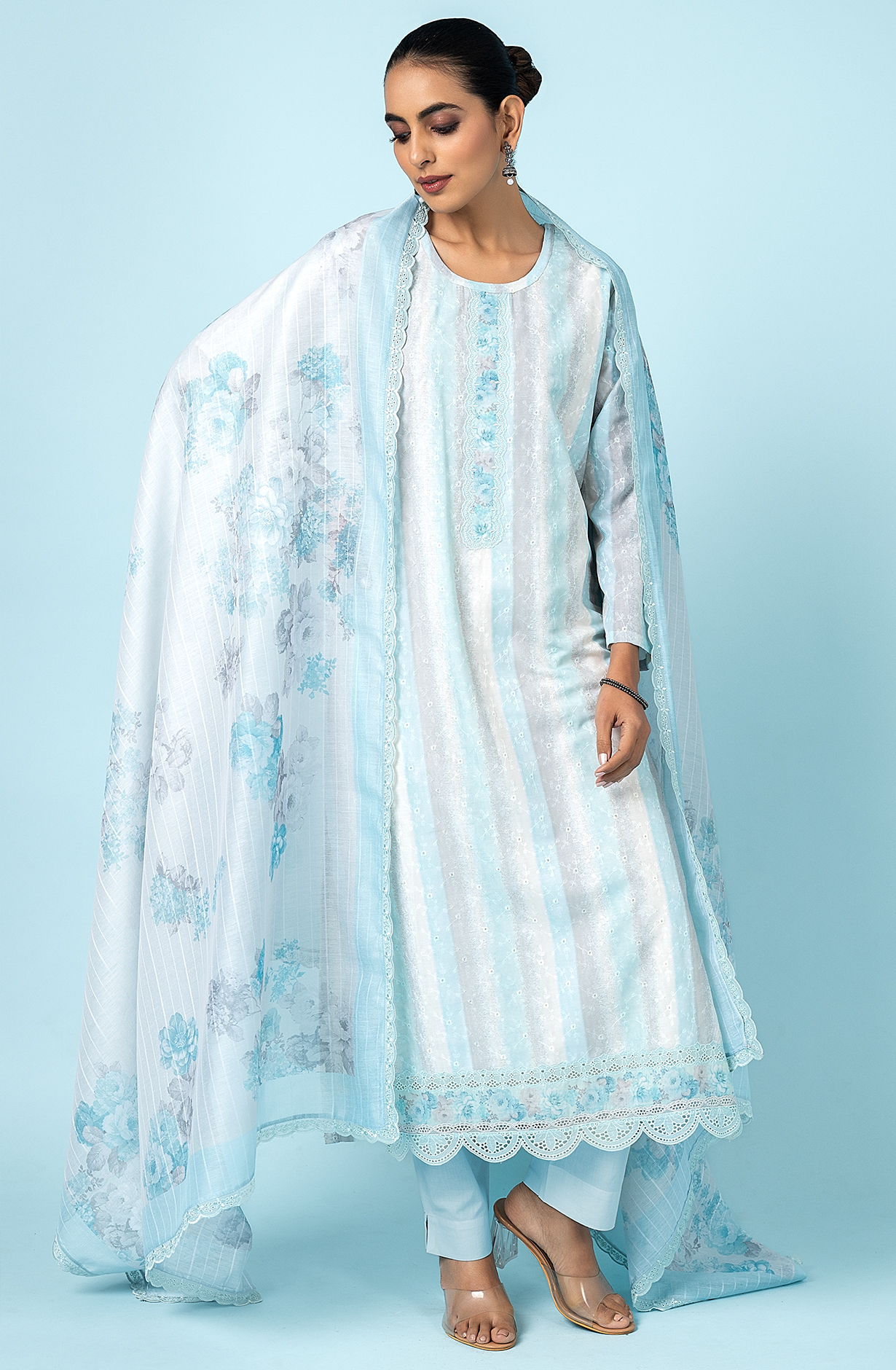 Sky Blue Beautiful Muslin Embroidered Salwar Kameez with Digital Print - TAN2193C