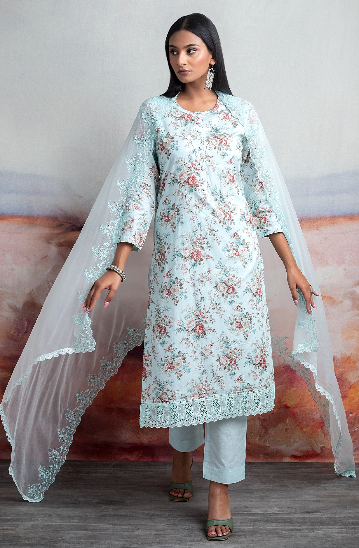Turquoise Exclusive Cotton Digital Print Unstitched Suit with Chiffon Dupatta - TAN2267A