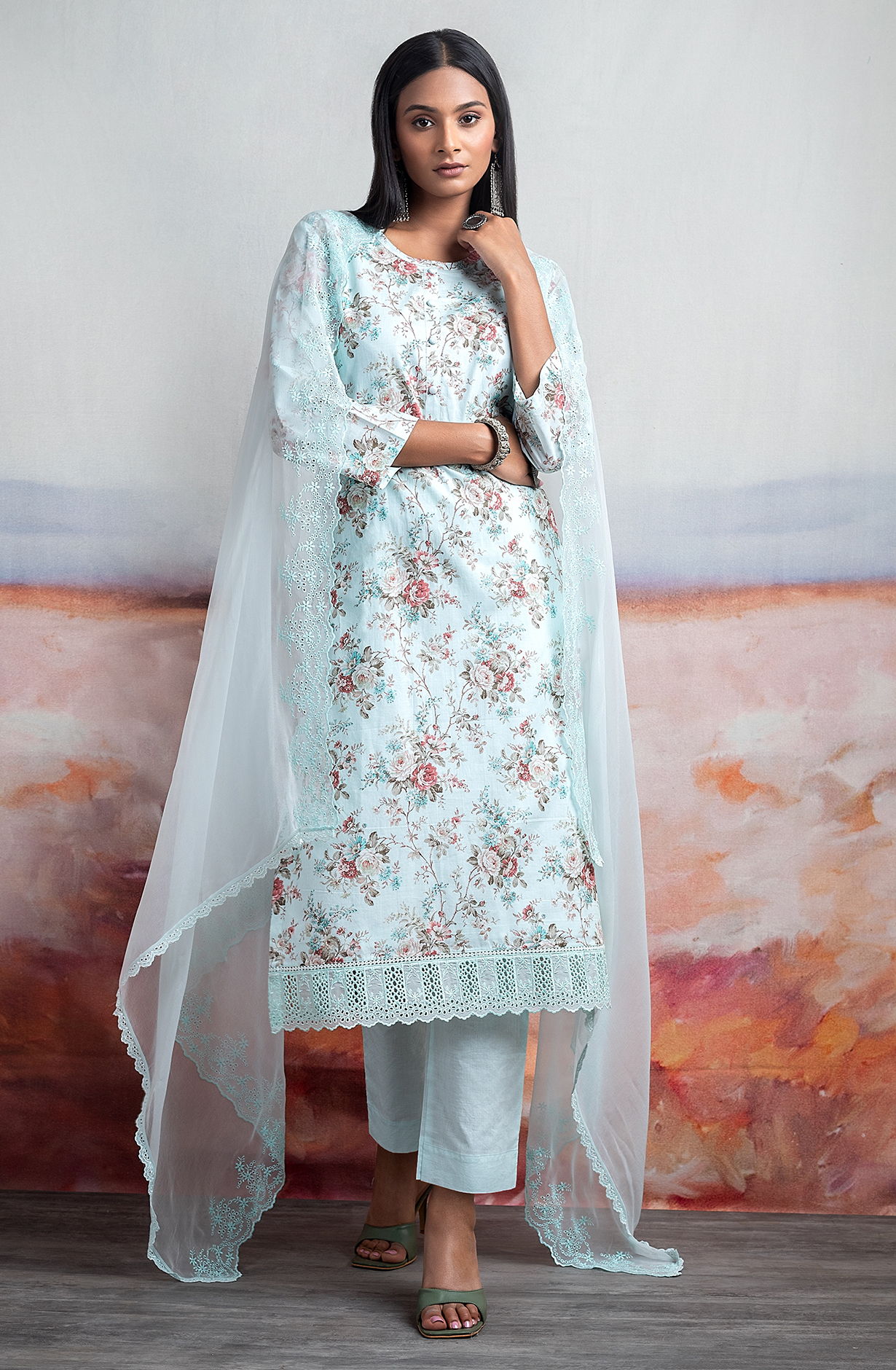 Turquoise Exclusive Cotton Digital Print Unstitched Suit with Chiffon Dupatta - TAN2267A