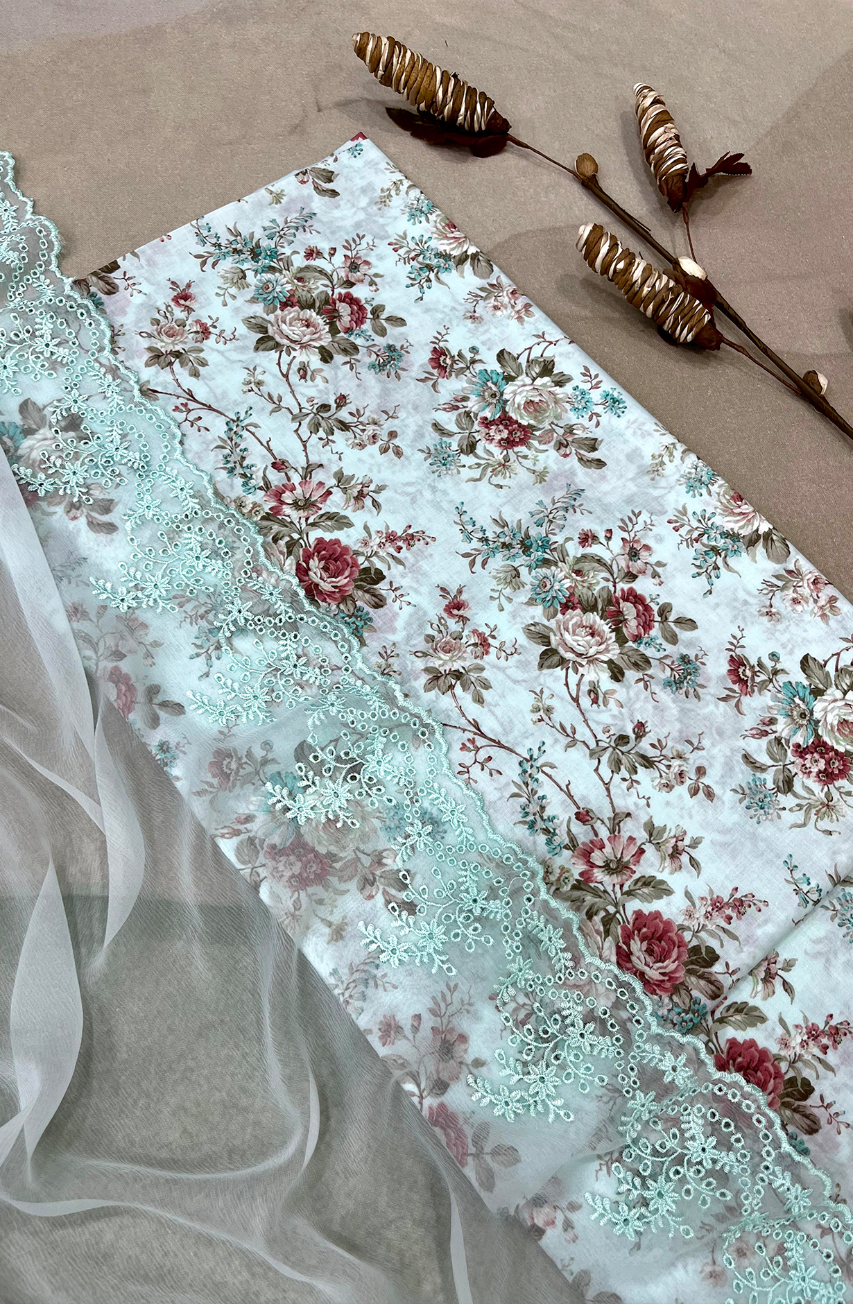 Turquoise Exclusive Cotton Digital Print Unstitched Suit with Chiffon Dupatta - TAN2267A