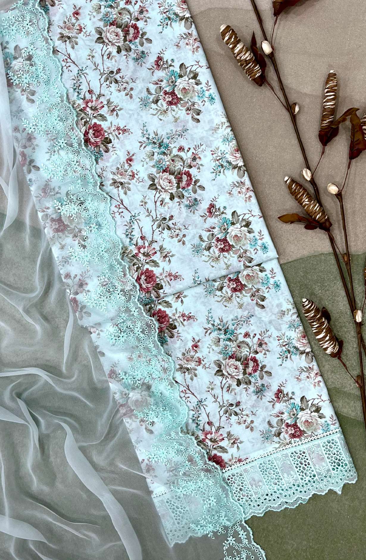 Turquoise Exclusive Cotton Digital Print Unstitched Suit with Chiffon Dupatta - TAN2267A