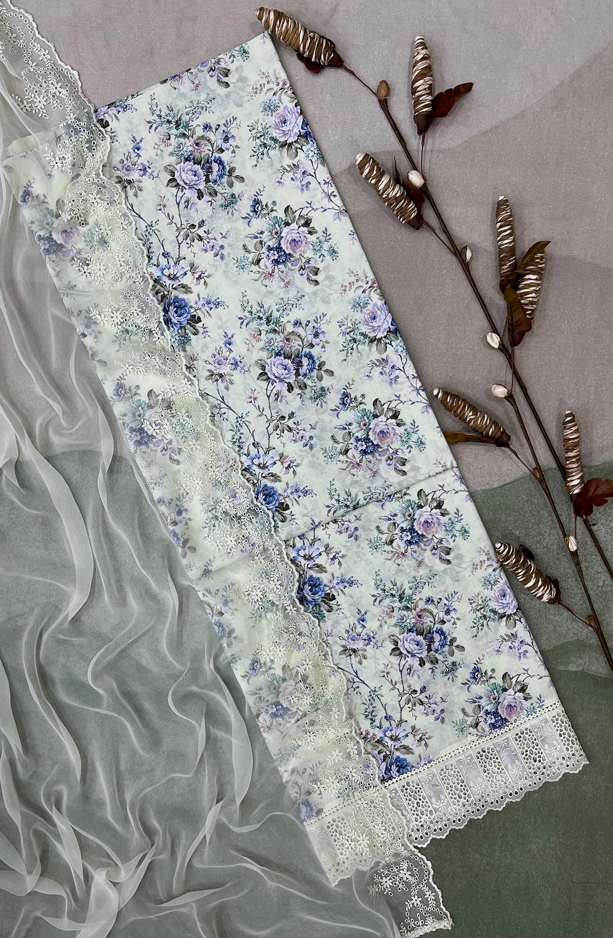 Lime Green Exclusive Cotton Digital Print Unstitched Suit with Chiffon Dupatta - TAN2267D