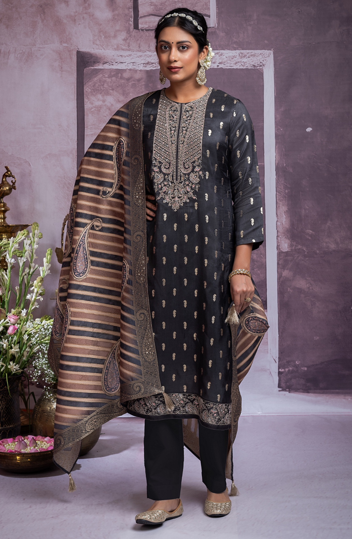 Black Silk Jacquard Salwaar Kameez with Beautiful Dupatta- TAP2274