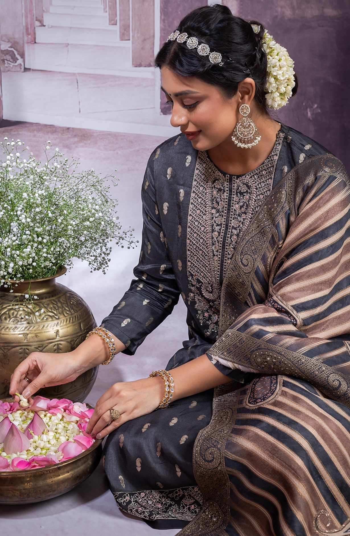 Black Silk Jacquard Salwaar Kameez with Beautiful Dupatta- TAP2274