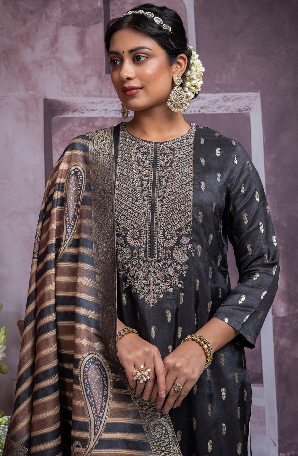 Black Silk Jacquard Salwaar Kameez with Beautiful Dupatta- TAP2274