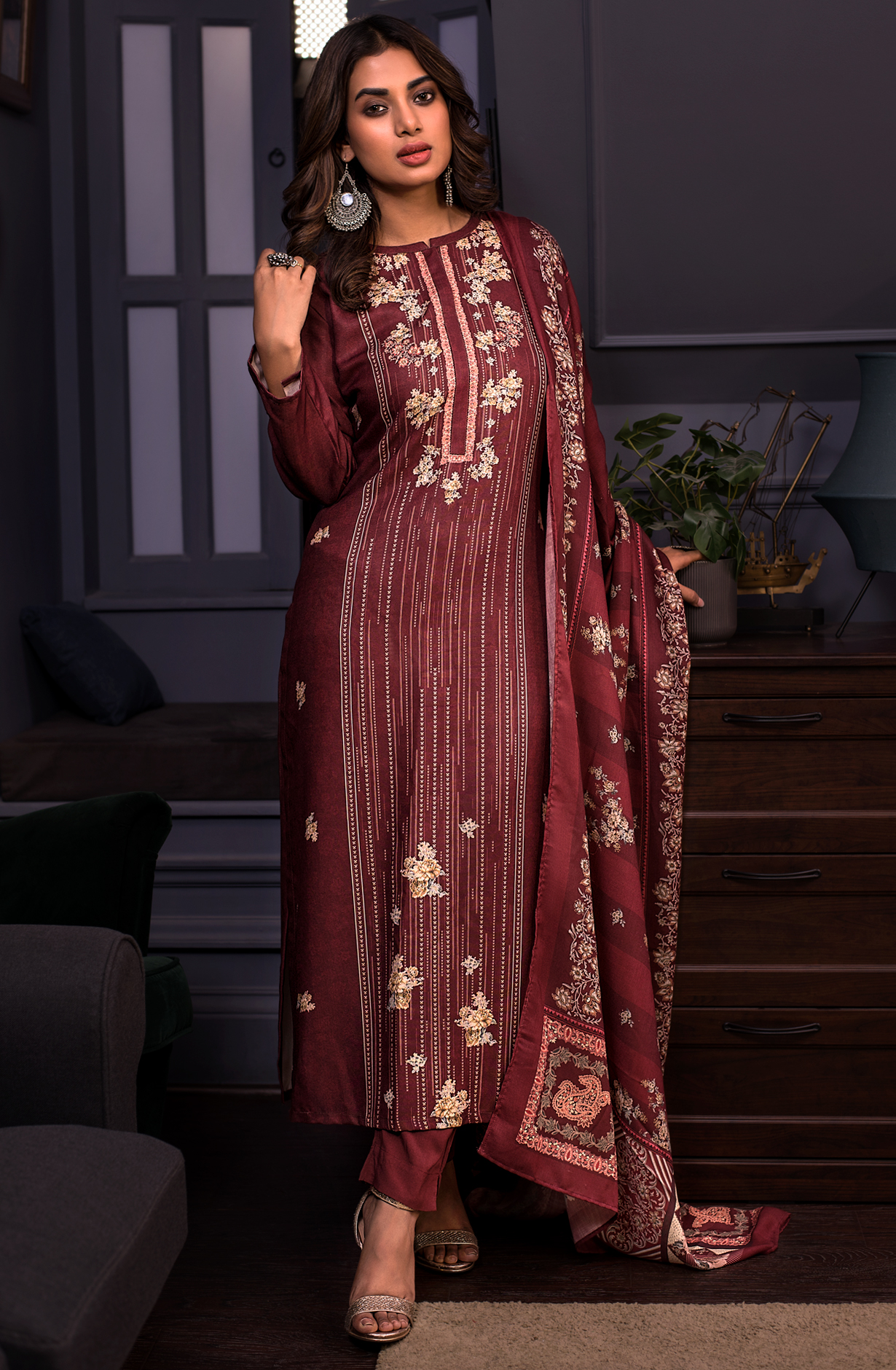 Maroon Pashmina Unstitched Salwar Kameez - TAR1598A