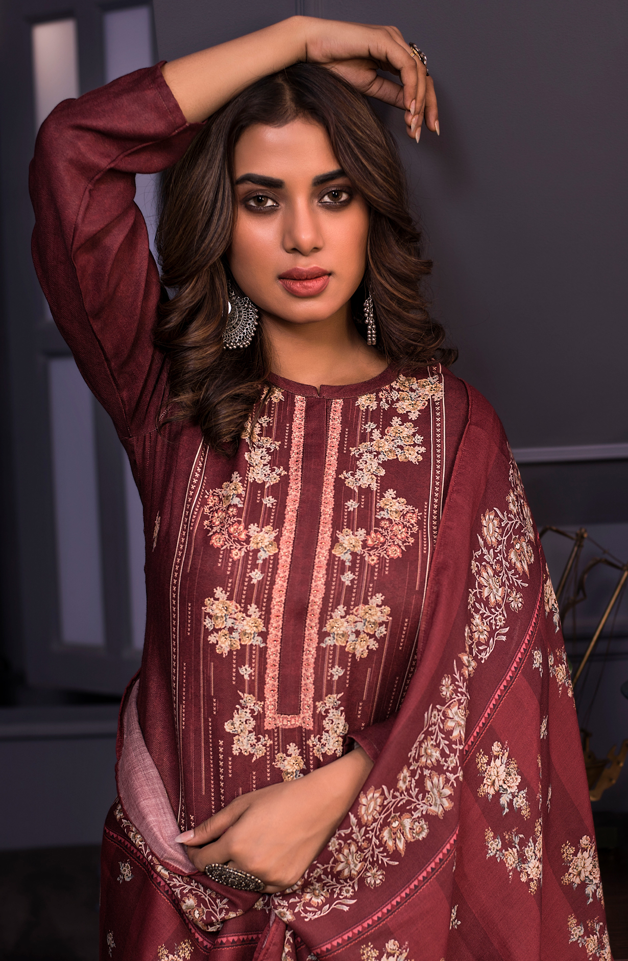 Maroon Pashmina Unstitched Salwar Kameez - TAR1598A