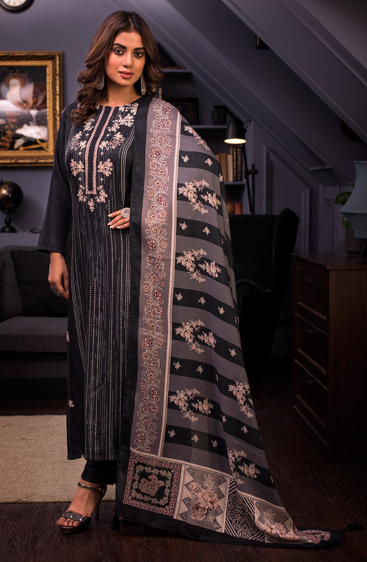 Black Pashmina Unstitched Salwar Kameez - TAR1598C