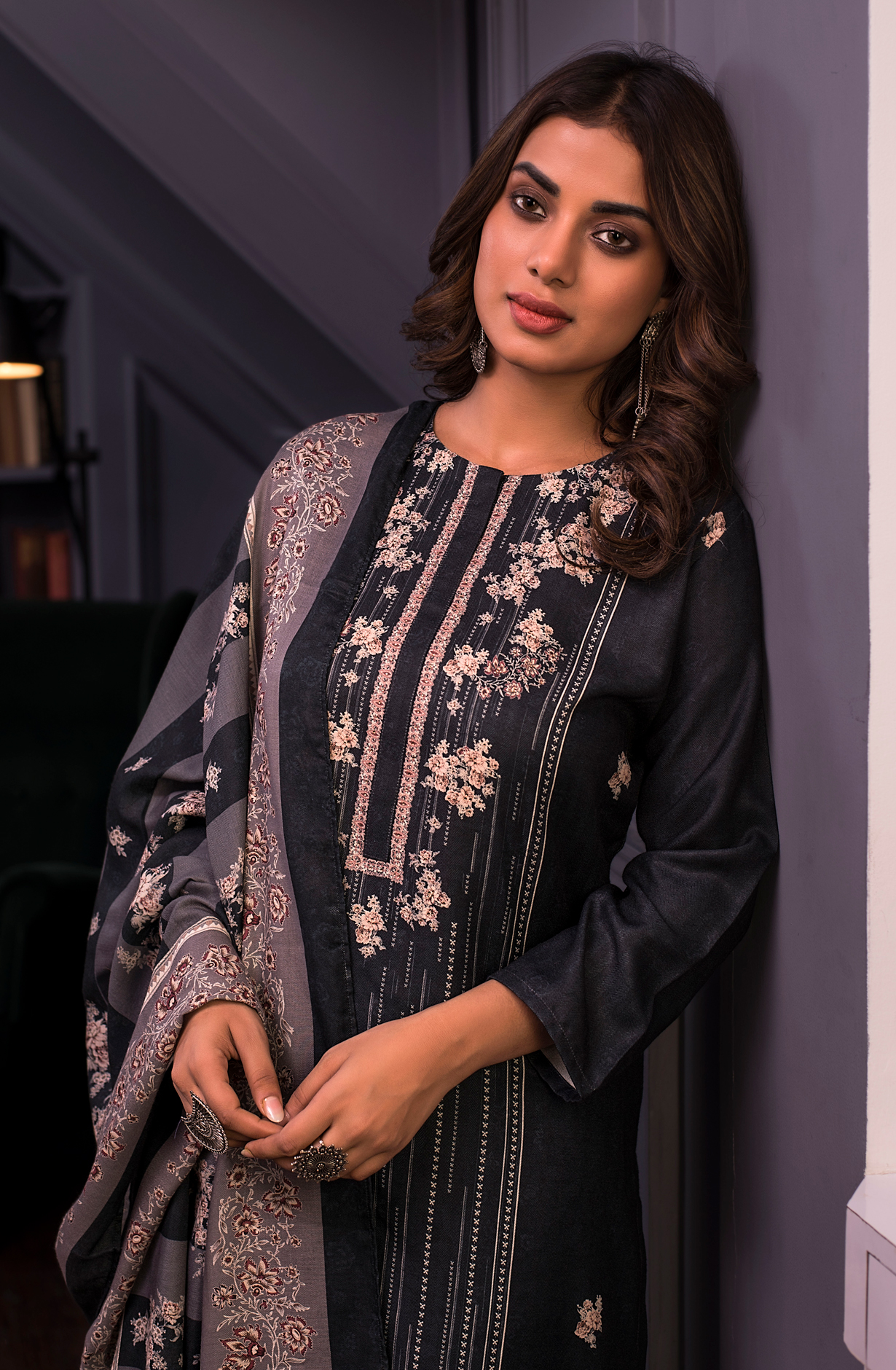 Black Pashmina Unstitched Salwar Kameez - TAR1598C