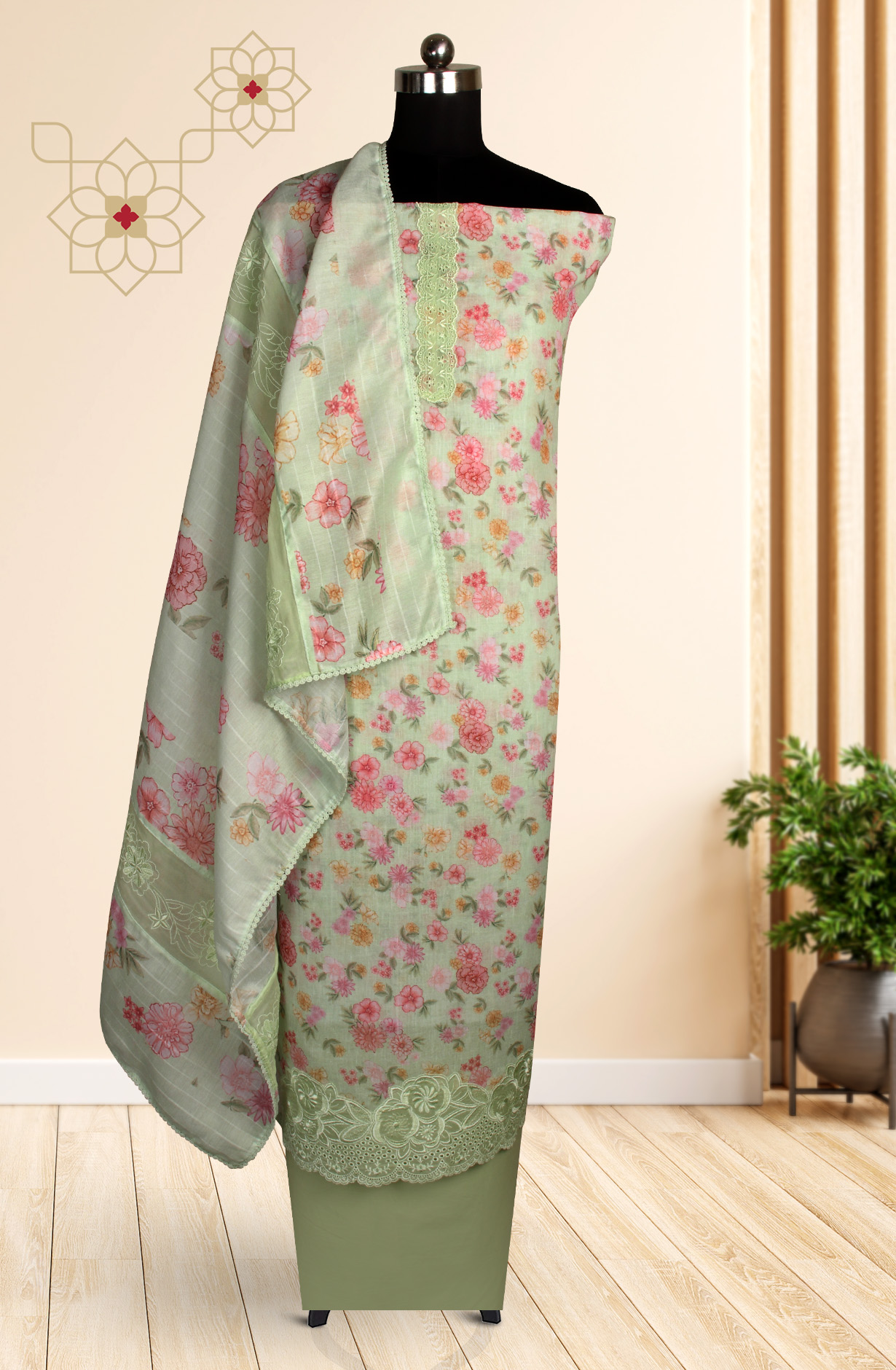 Parrot Green Linen Exclusive Digital Printed with Embroidered Salwar Kameez - TAR1762D