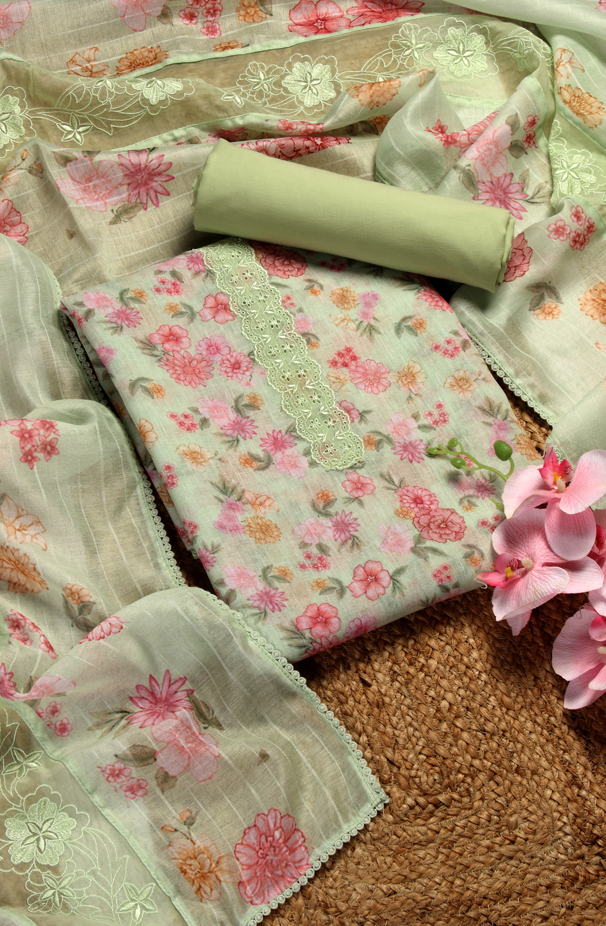 Parrot Green Linen Exclusive Digital Printed with Embroidered Salwar Kameez - TAR1762D