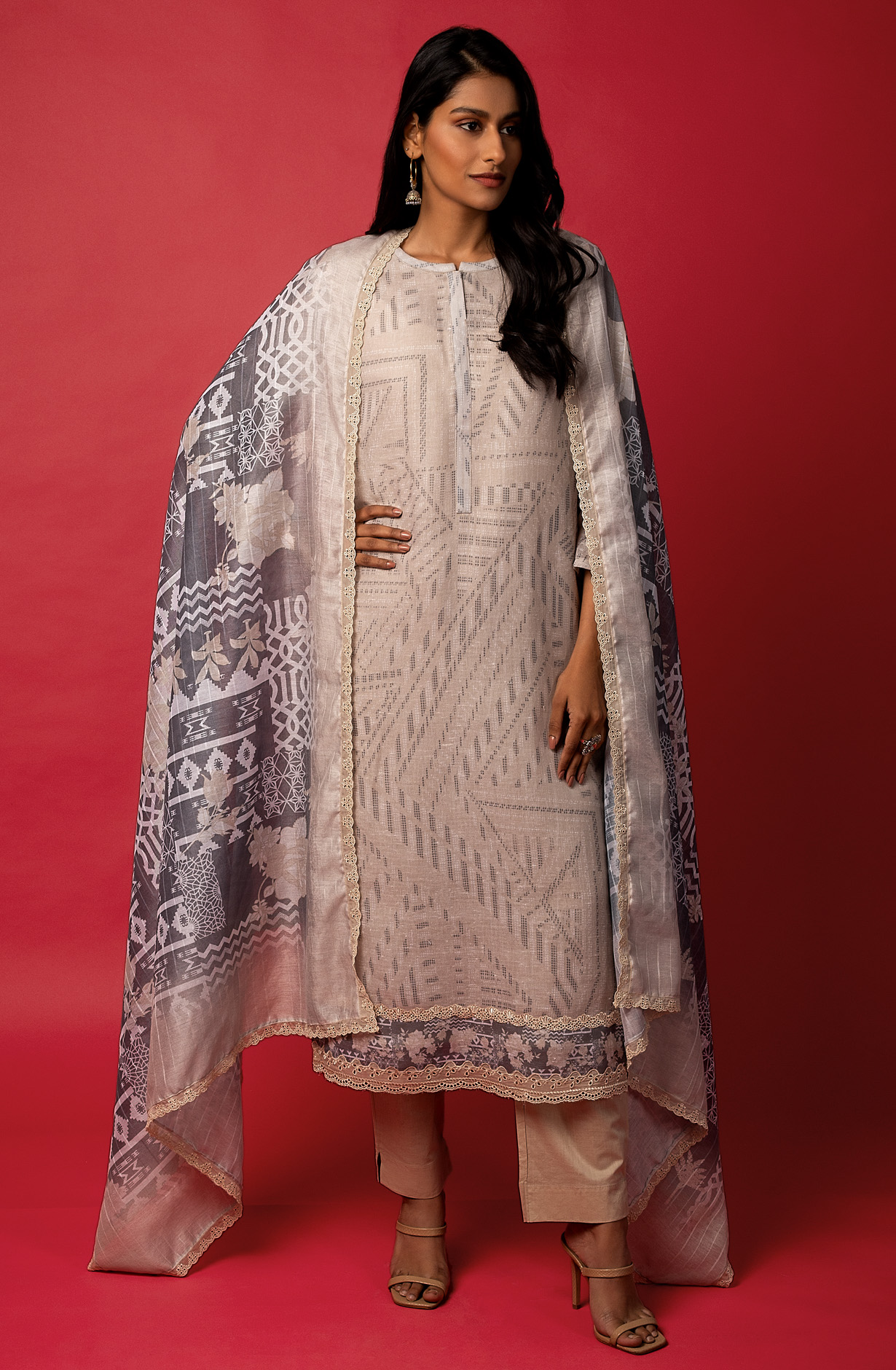 Beige Linen Exclusive Digital Print Suit-sets with Beautiful Dupatta - TAR1782