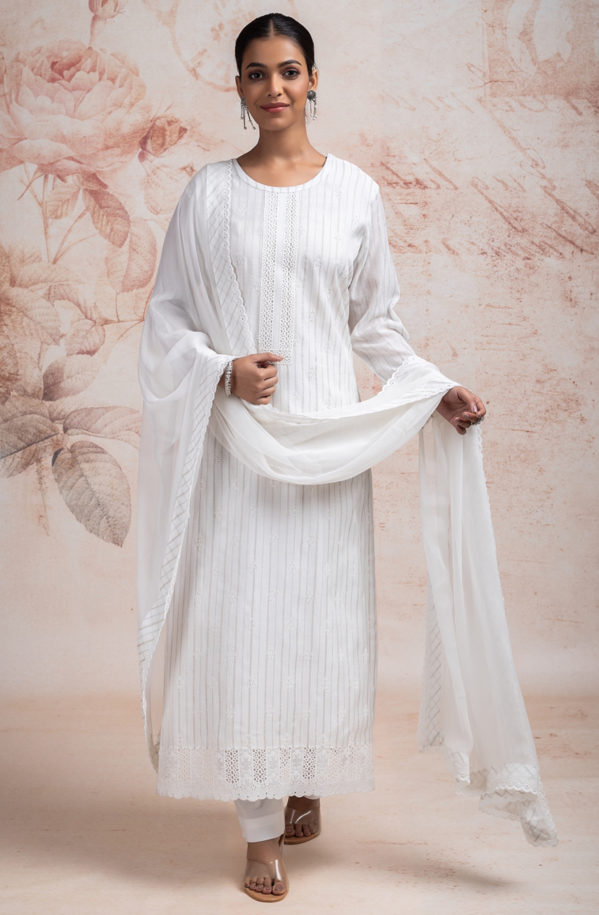 Pure Off-White Cotton Suit set with Embroidery and Chiffon Dupatta - TAR2231A