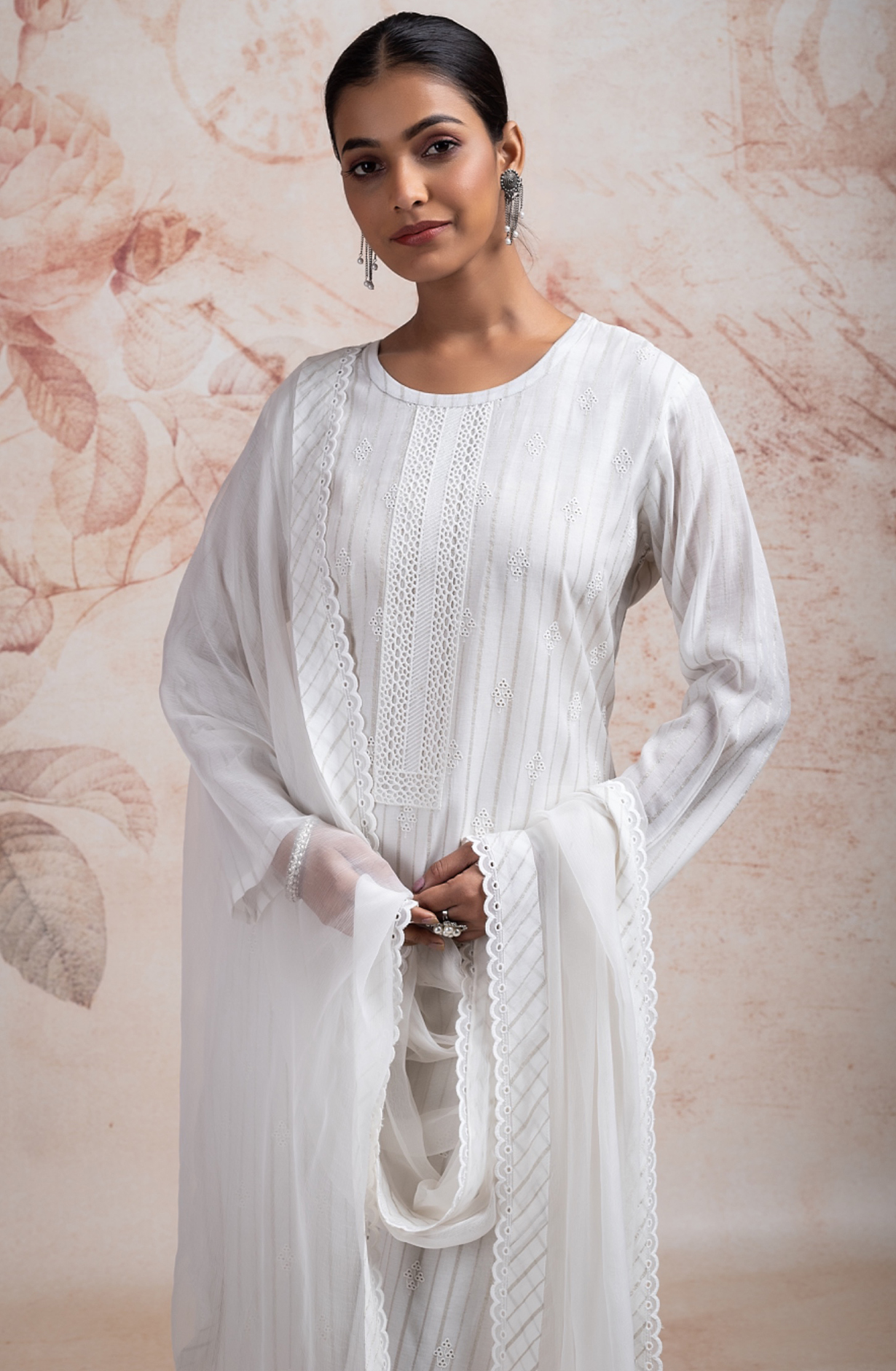 Pure Off-White Cotton Suit set with Embroidery and Chiffon Dupatta - TAR2231A