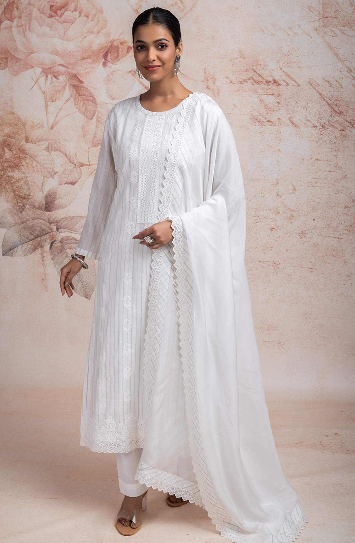 Pure Off-White Cotton Suit set with Embroidery and Chiffon Dupatta - TAR2231B