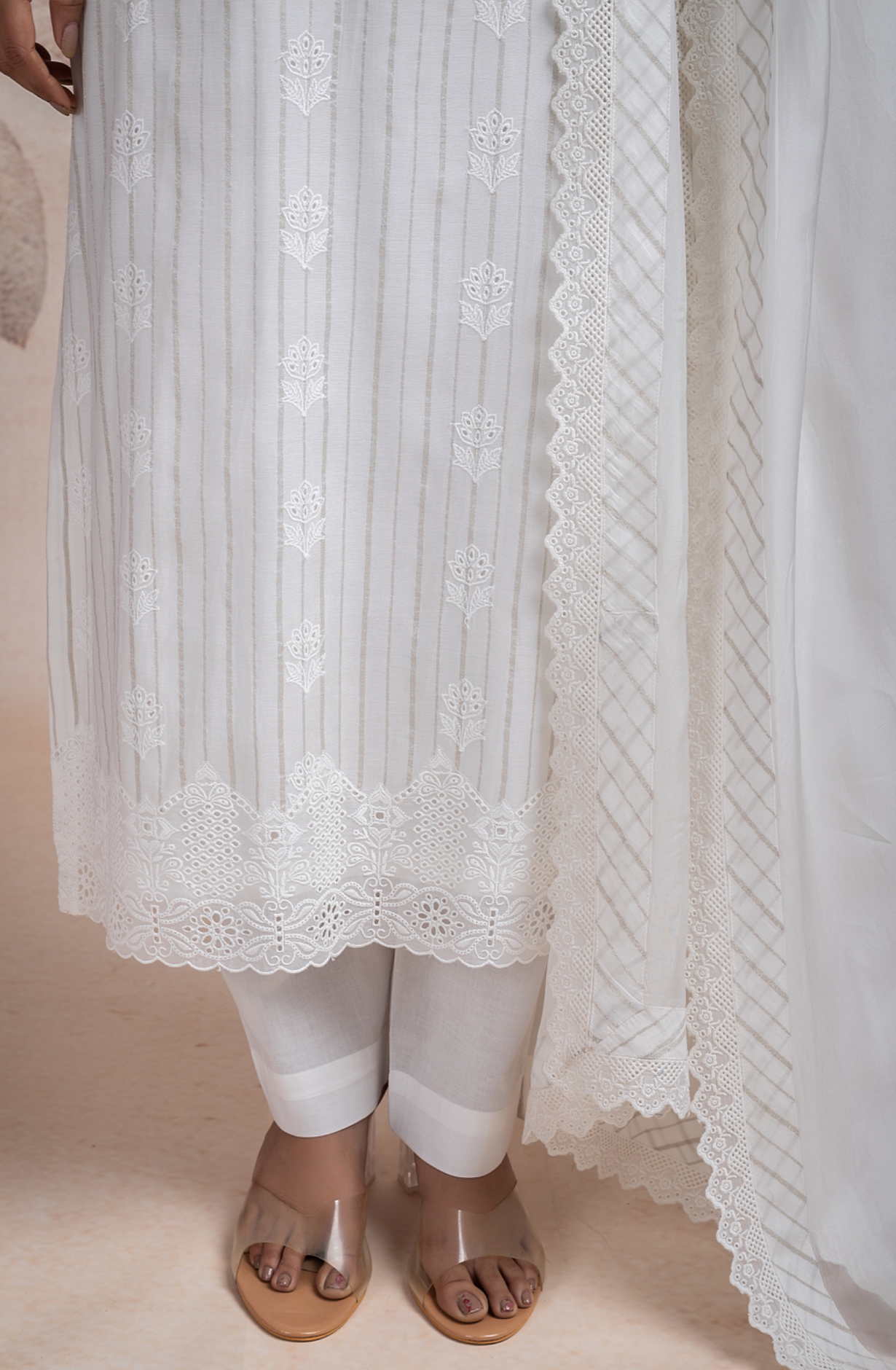 Pure Off-White Cotton Suit set with Embroidery and Chiffon Dupatta - TAR2231B