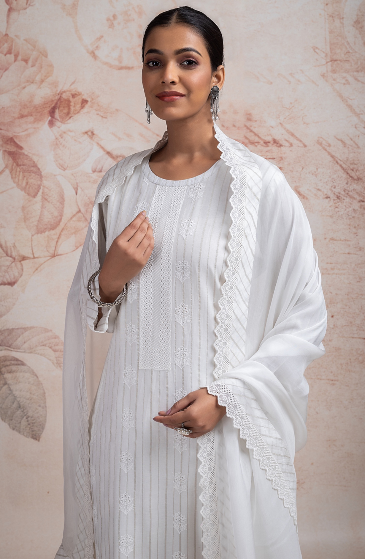 Pure Off-White Cotton Suit set with Embroidery and Chiffon Dupatta - TAR2231B