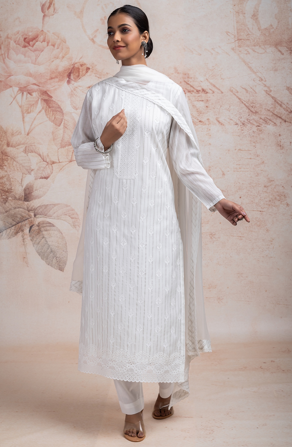 Pure Off-White Cotton Suit set with Embroidery and Chiffon Dupatta - TAR2231C