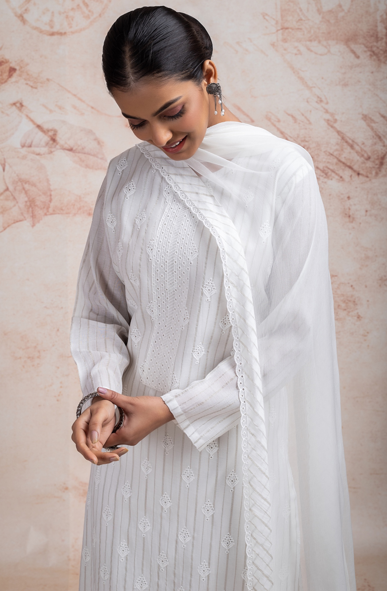 Pure Off-White Cotton Suit set with Embroidery and Chiffon Dupatta - TAR2231C