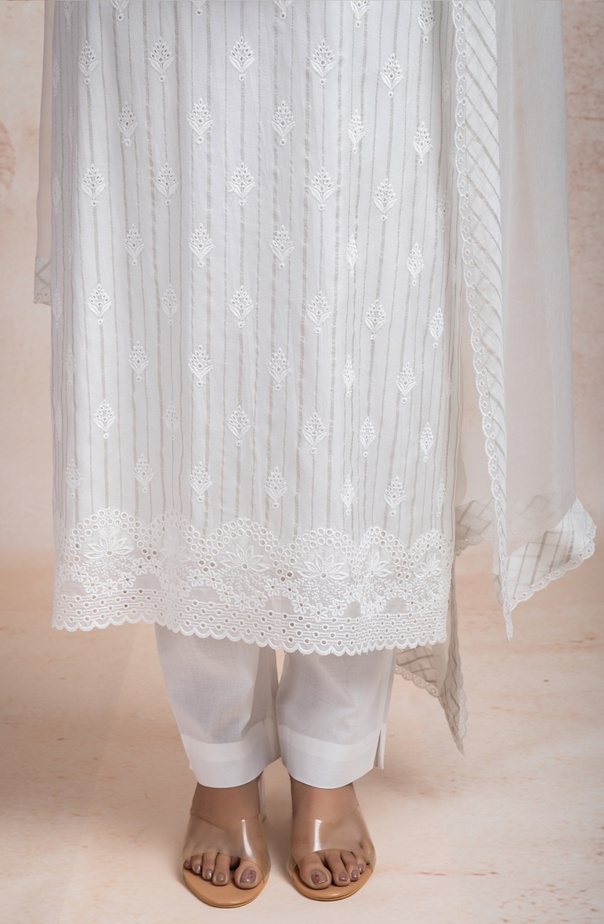 Pure Off-White Cotton Suit set with Embroidery and Chiffon Dupatta - TAR2231C