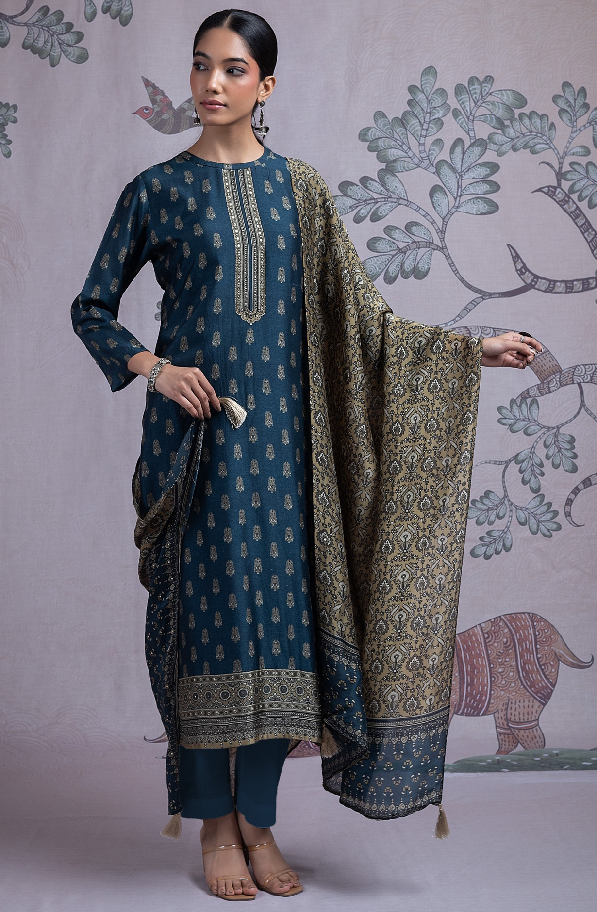 Blue Silk Digital Printed Suit Set with Silk Dupatta - TARST2072A