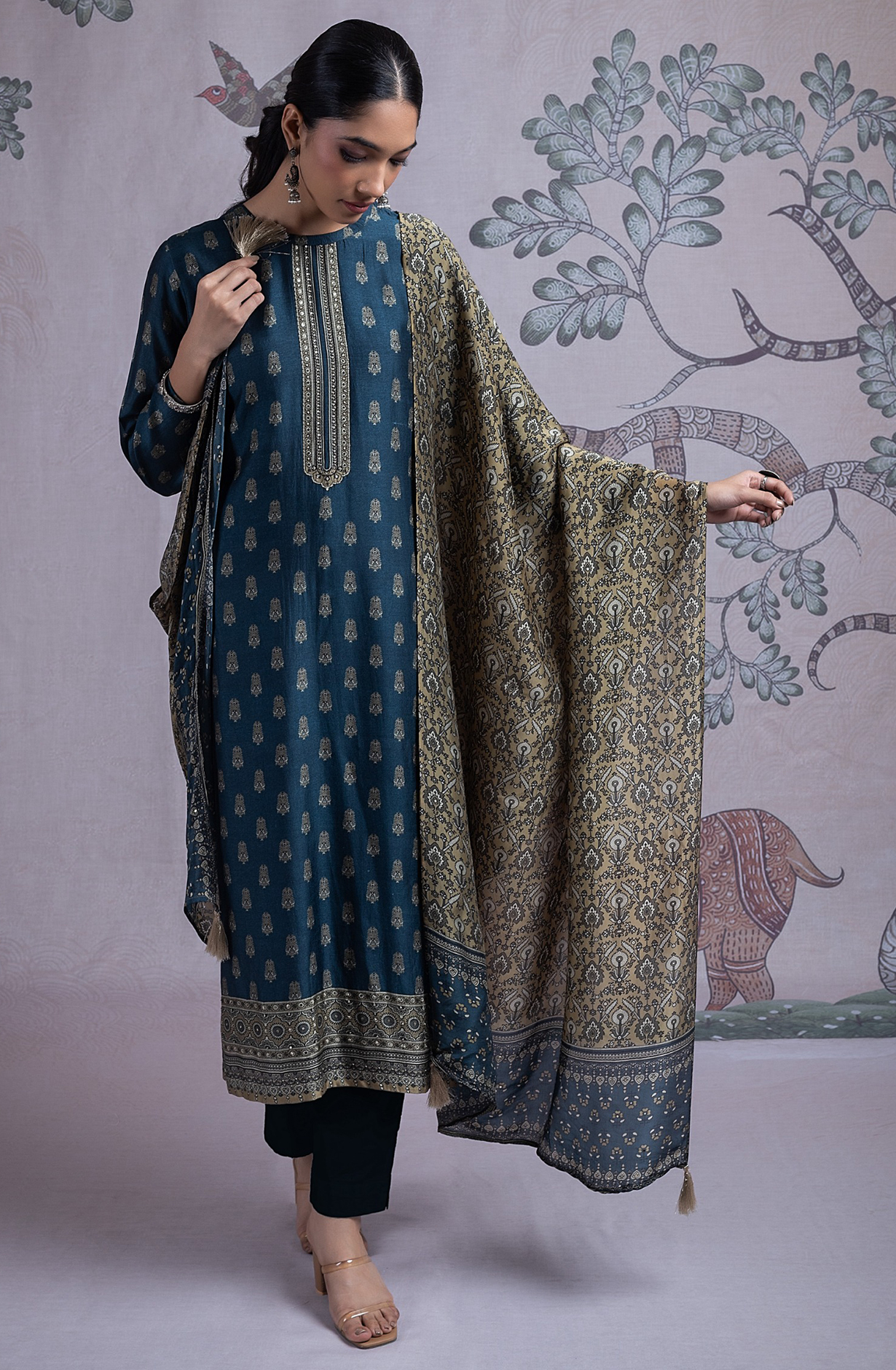 Blue Silk Digital Printed Suit Set with Silk Dupatta - TARST2072A