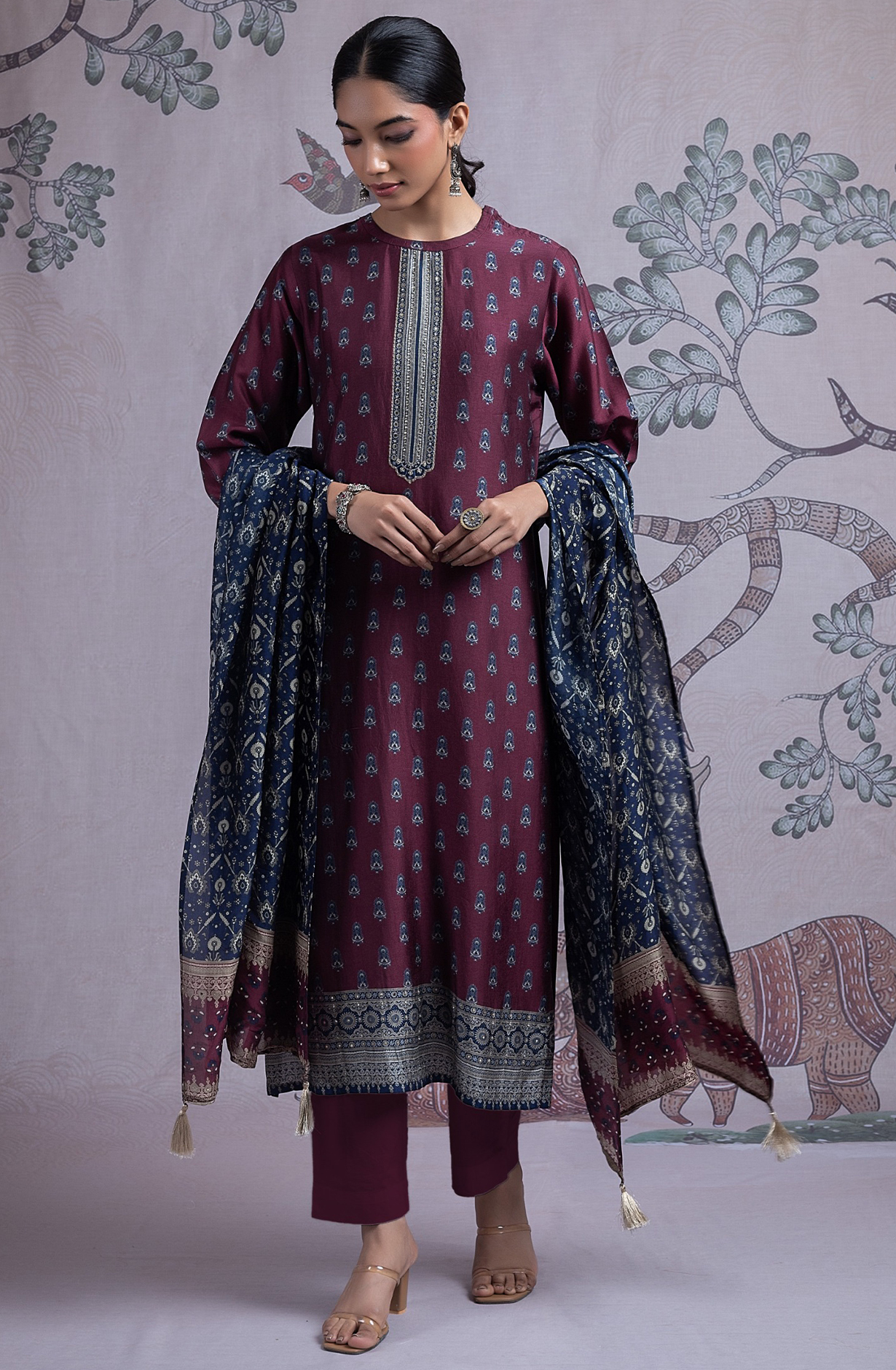 Wine Silk Digital Printed Suit Set with Silk Dupatta - TARST2072B