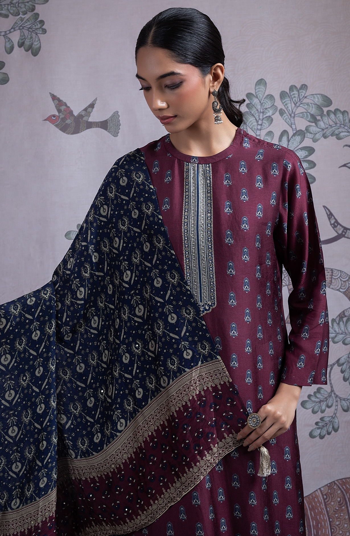 Wine Silk Digital Printed Suit Set with Silk Dupatta - TARST2072B