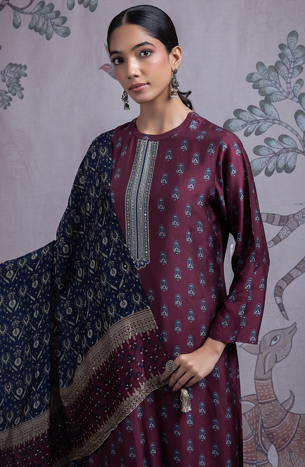 Wine Silk Digital Printed Suit Set with Silk Dupatta - TARST2072B