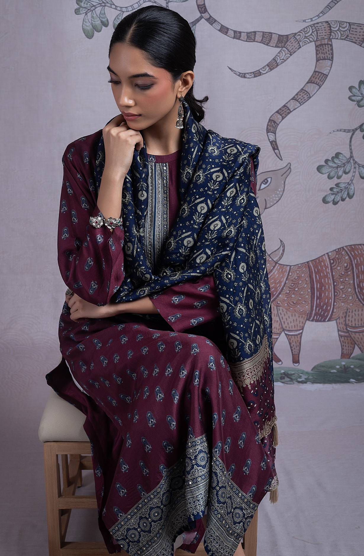 Wine Silk Digital Printed Suit Set with Silk Dupatta - TARST2072B