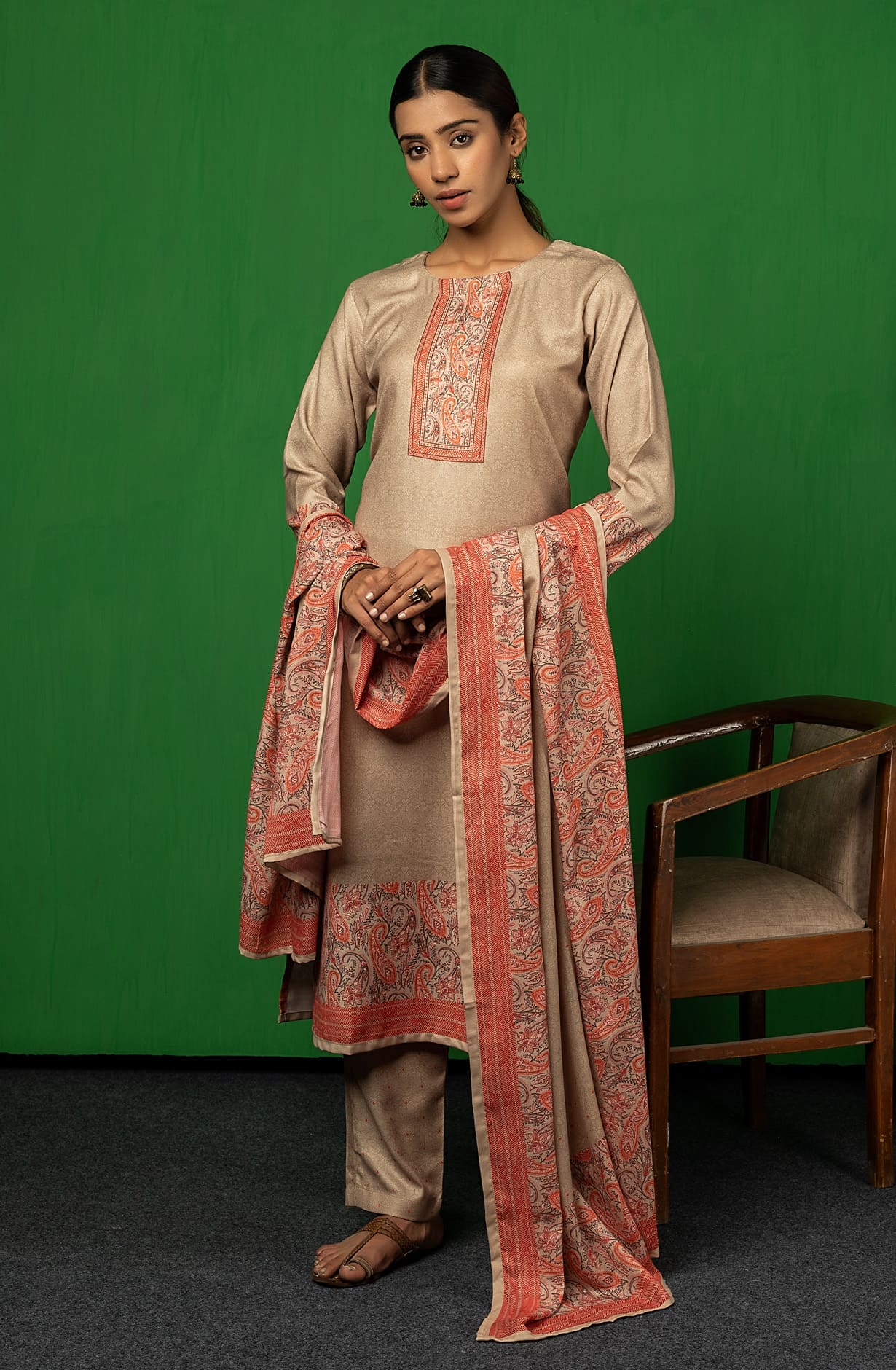 Beige Spun Winterwear Printed Unstitched Salwar Kameez - TAS1219A