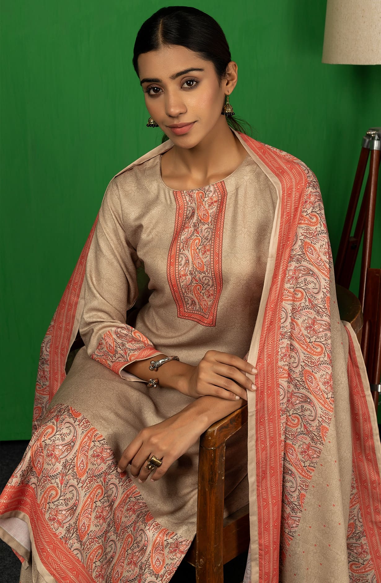 Beige Spun Winterwear Printed Unstitched Salwar Kameez - TAS1219A