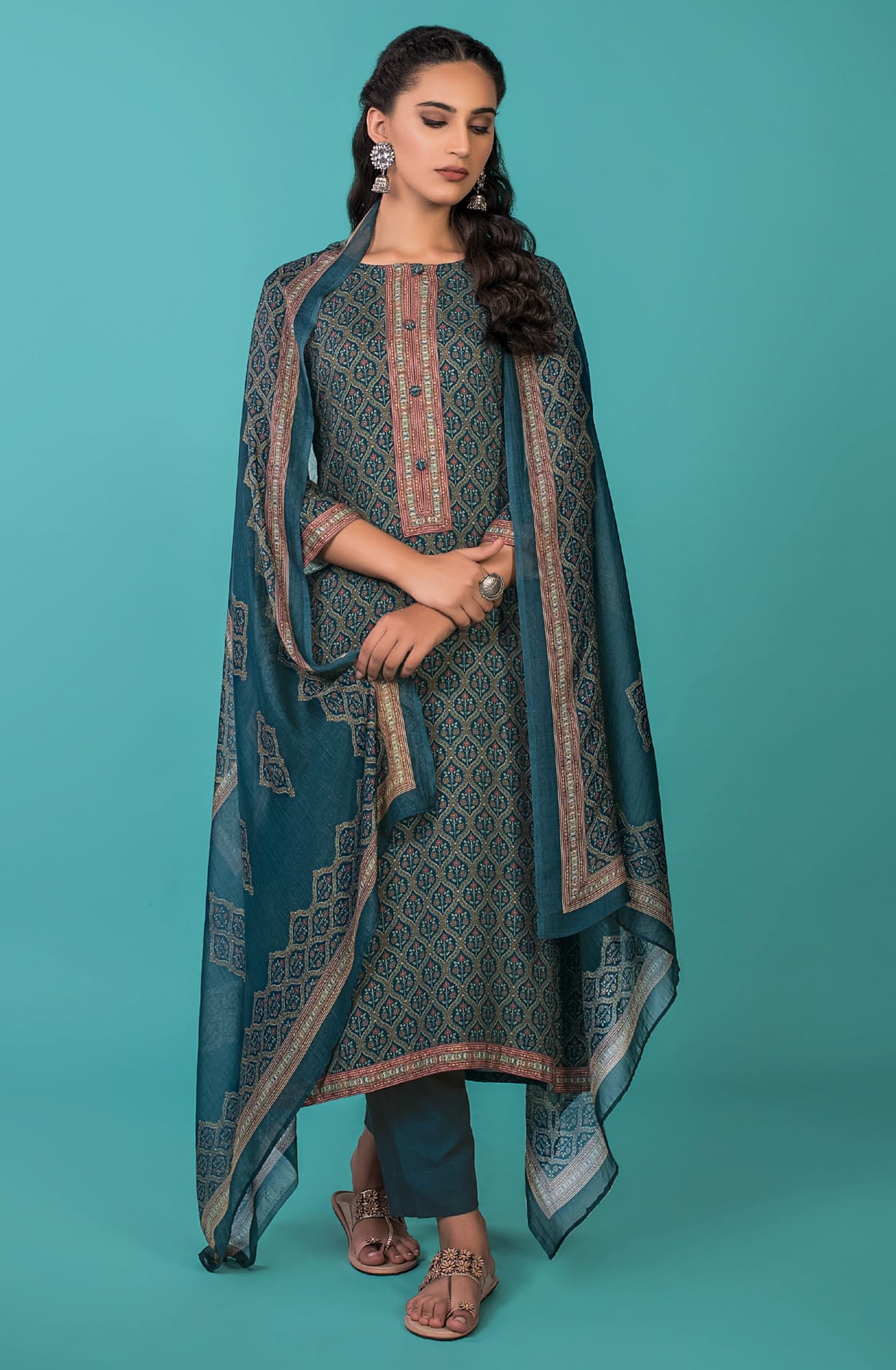 Teal Spun Winterwear Unstitched Salwar Kameez Dupatta Set - WAQ3725