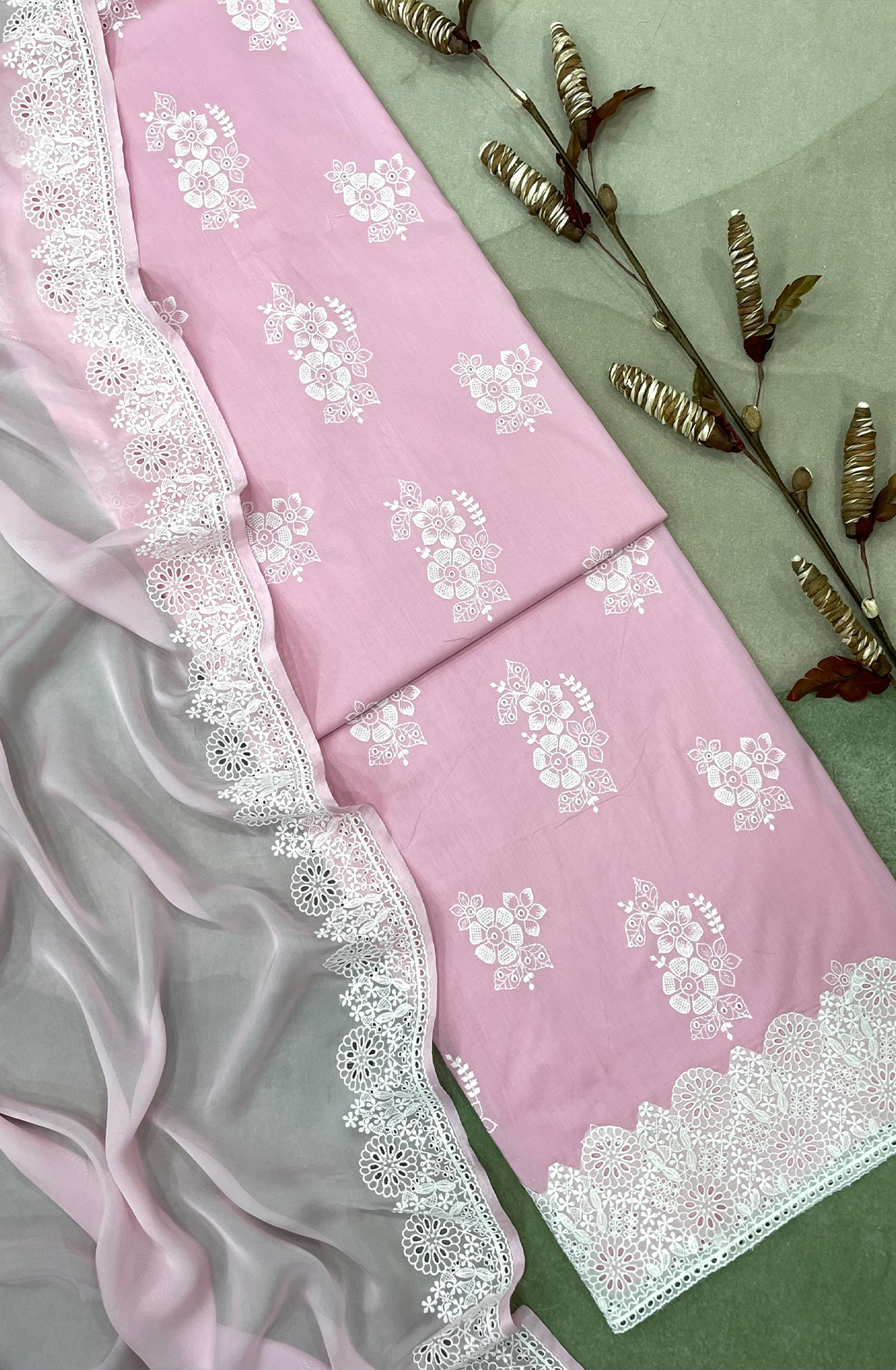 Pink Malmal Cotton Unstitched Beautiful Embroidered Suit with Organza Dupatta - TEE2176B