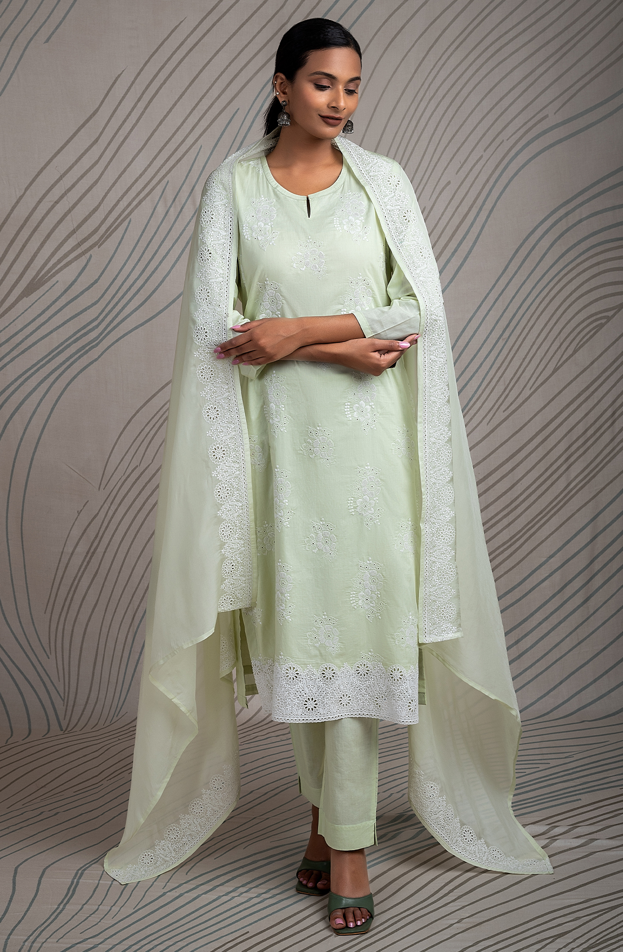 Pista Green Malmal Cotton Unstitched Beautiful Embroidered Suit with Organza Dupatta - TEE2176C