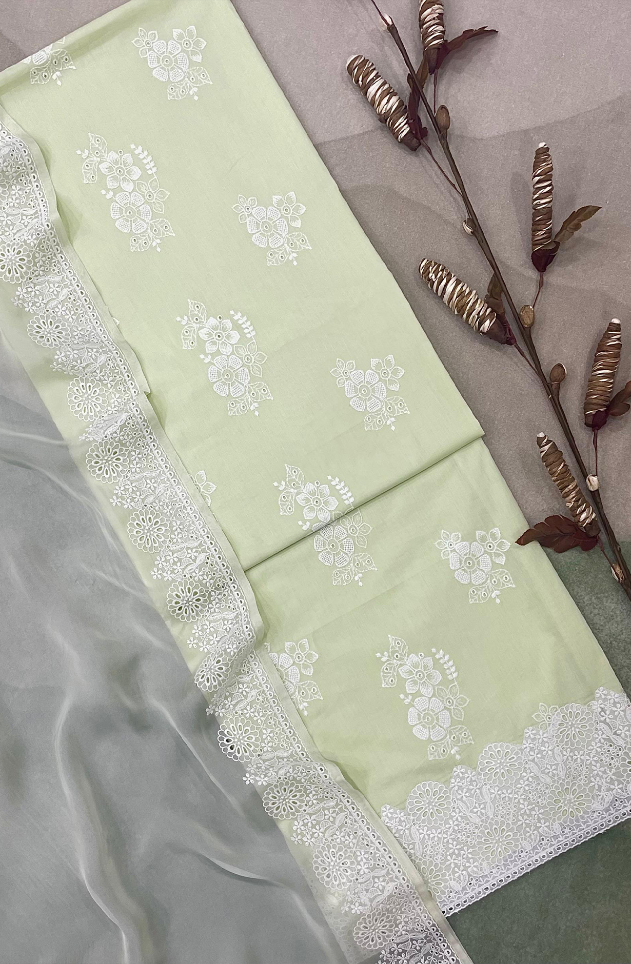 Pista Green Malmal Cotton Unstitched Beautiful Embroidered Suit with Organza Dupatta - TEE2176C
