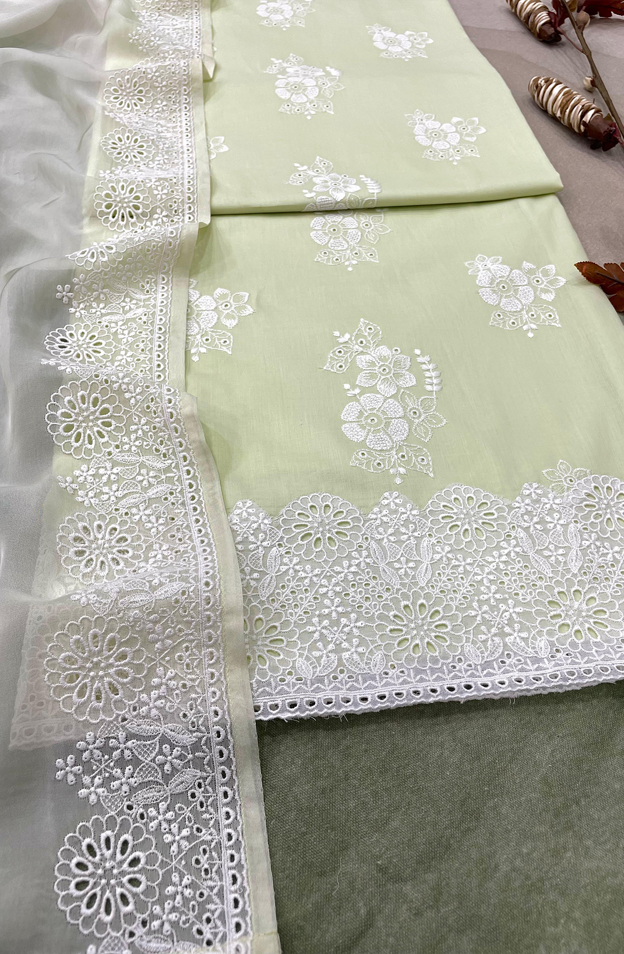 Pista Green Malmal Cotton Unstitched Beautiful Embroidered Suit with Organza Dupatta - TEE2176C